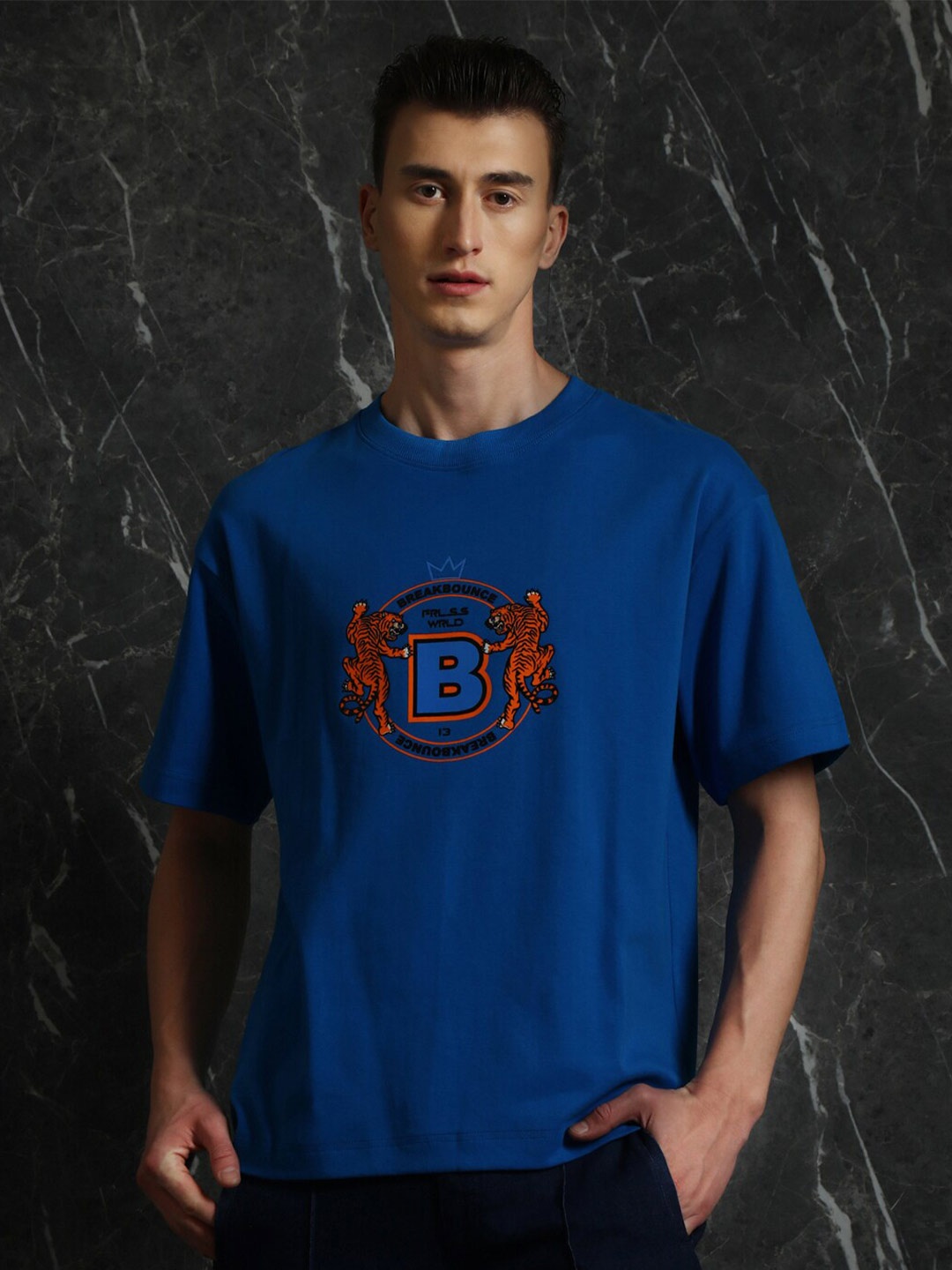 

Breakbounce Blue Typography Printed Drop-Shoulder Sleeves Cotton Oversized T-shirt