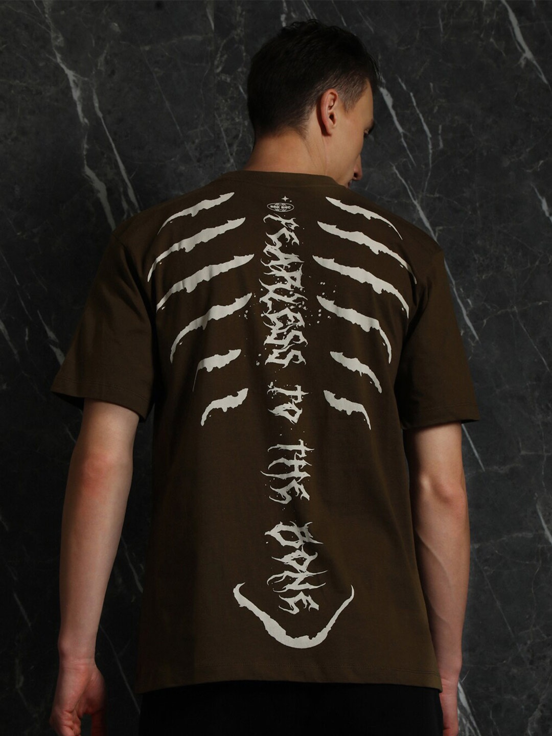 

Breakbounce Olive Green Typography Printed Drop-Shoulder Sleeves Cotton Oversized T-shirt