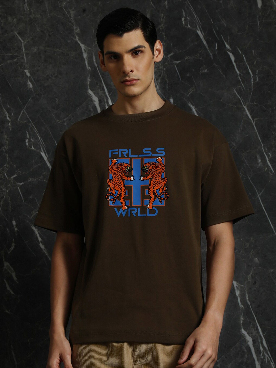 

Breakbounce Olive Green Typography Printed Drop-Shoulder Sleeves Cotton Oversized T-shirt