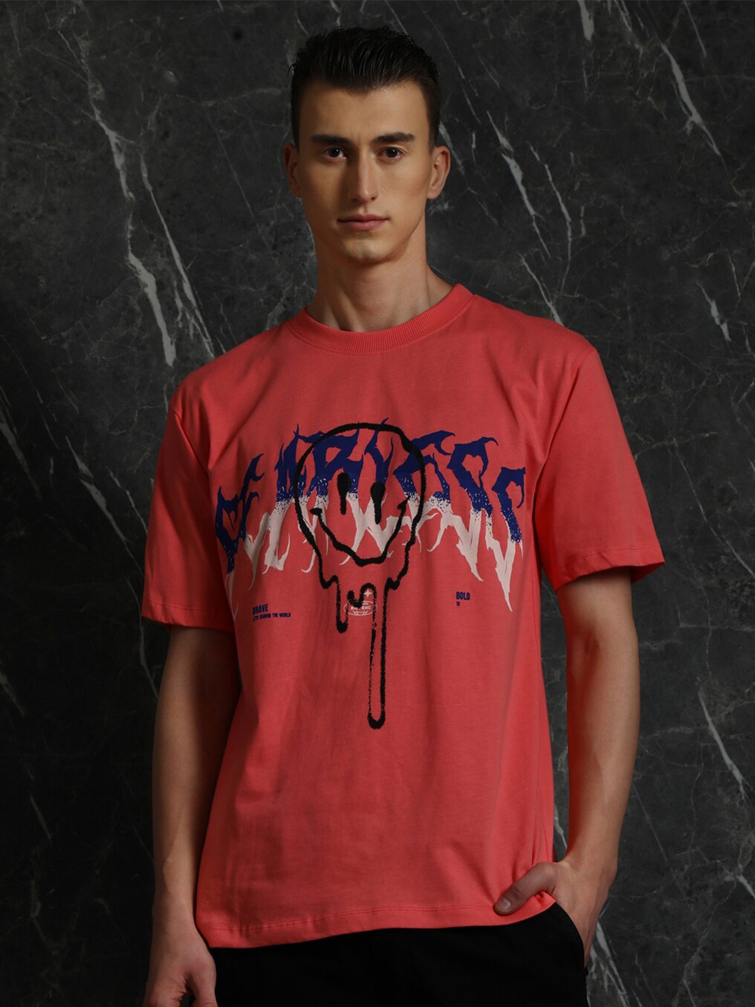 

Breakbounce Coral Pink Typography Printed Cotton Oversized T-shirt