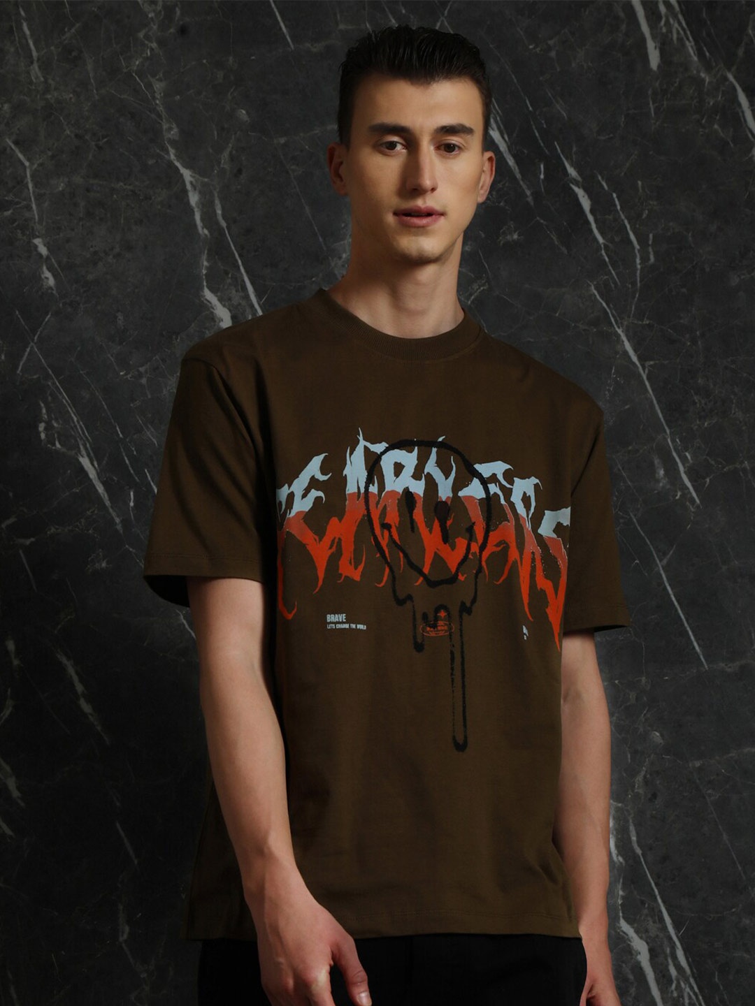 

Breakbounce Olive Green Typography Printed Cotton Oversized T-shirt