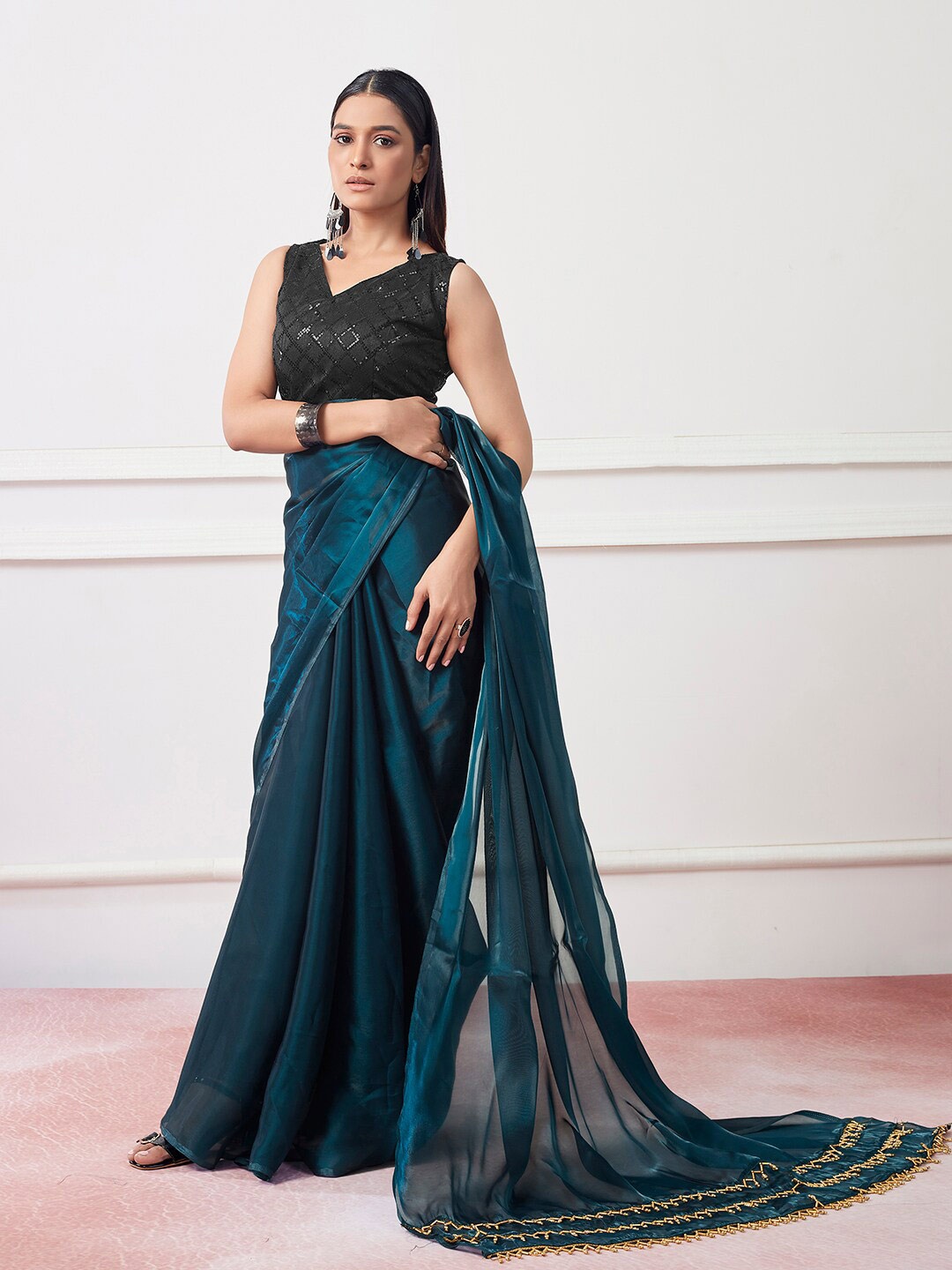 

Mitera Organza Saree, Teal