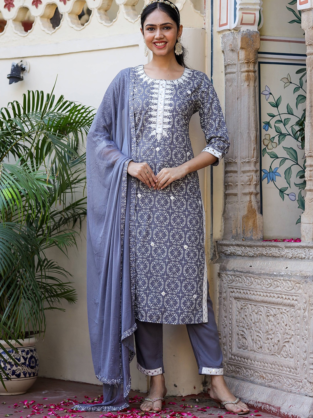 

DOISA Ethnic Motifs Printed Mirror work Kurta with Trousers & Dupatta, Blue