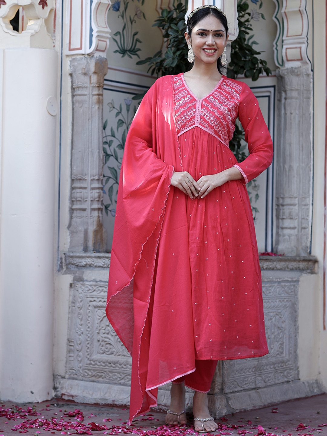 

DOISA Ethnic Motifs Embroidered Sequinned Pure Cotton Kurta with Trousers & Dupatta, Pink