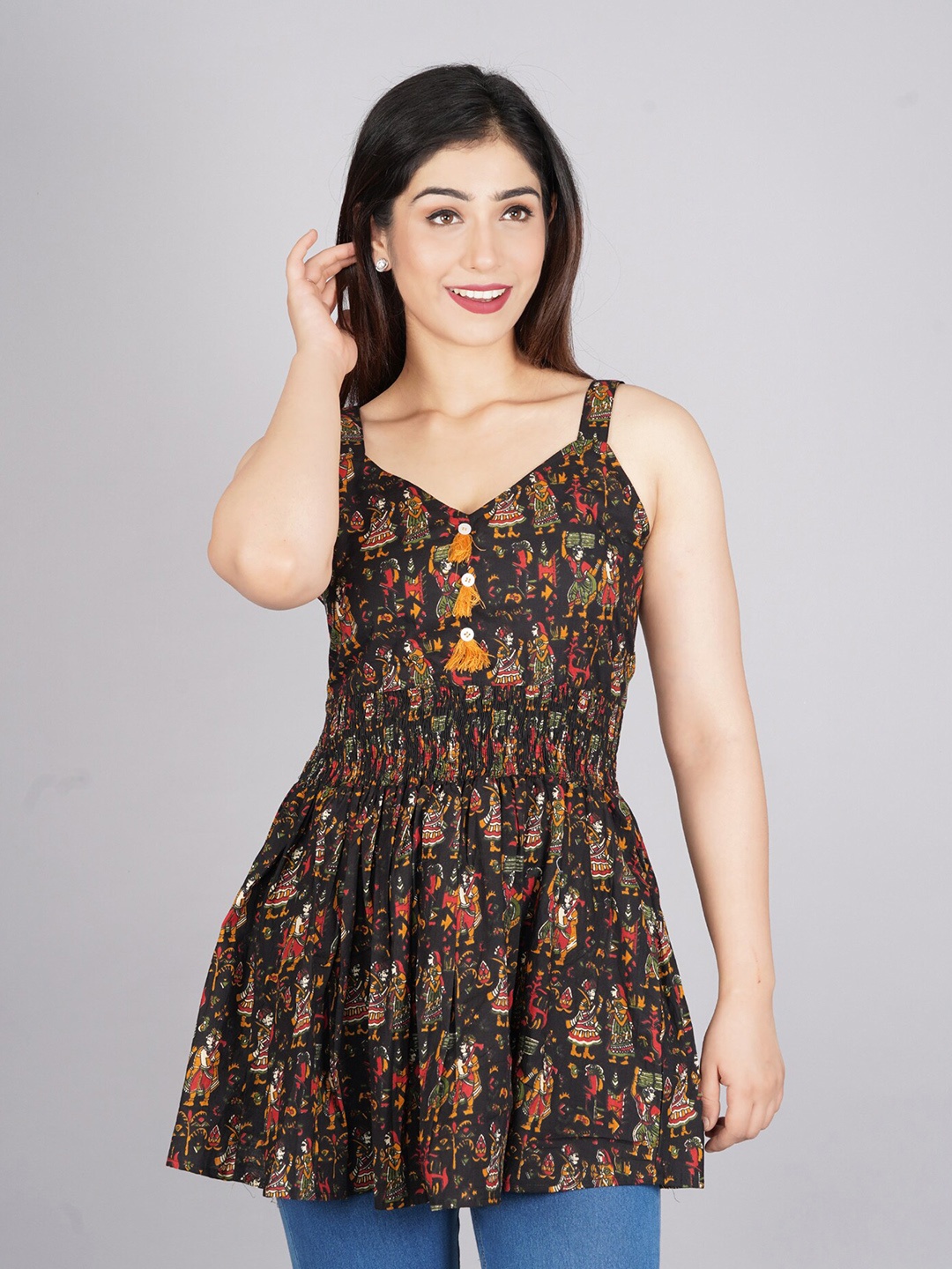 

BAESD Ethnic Motifs Printed Shoulder Straps Longline Top, Black