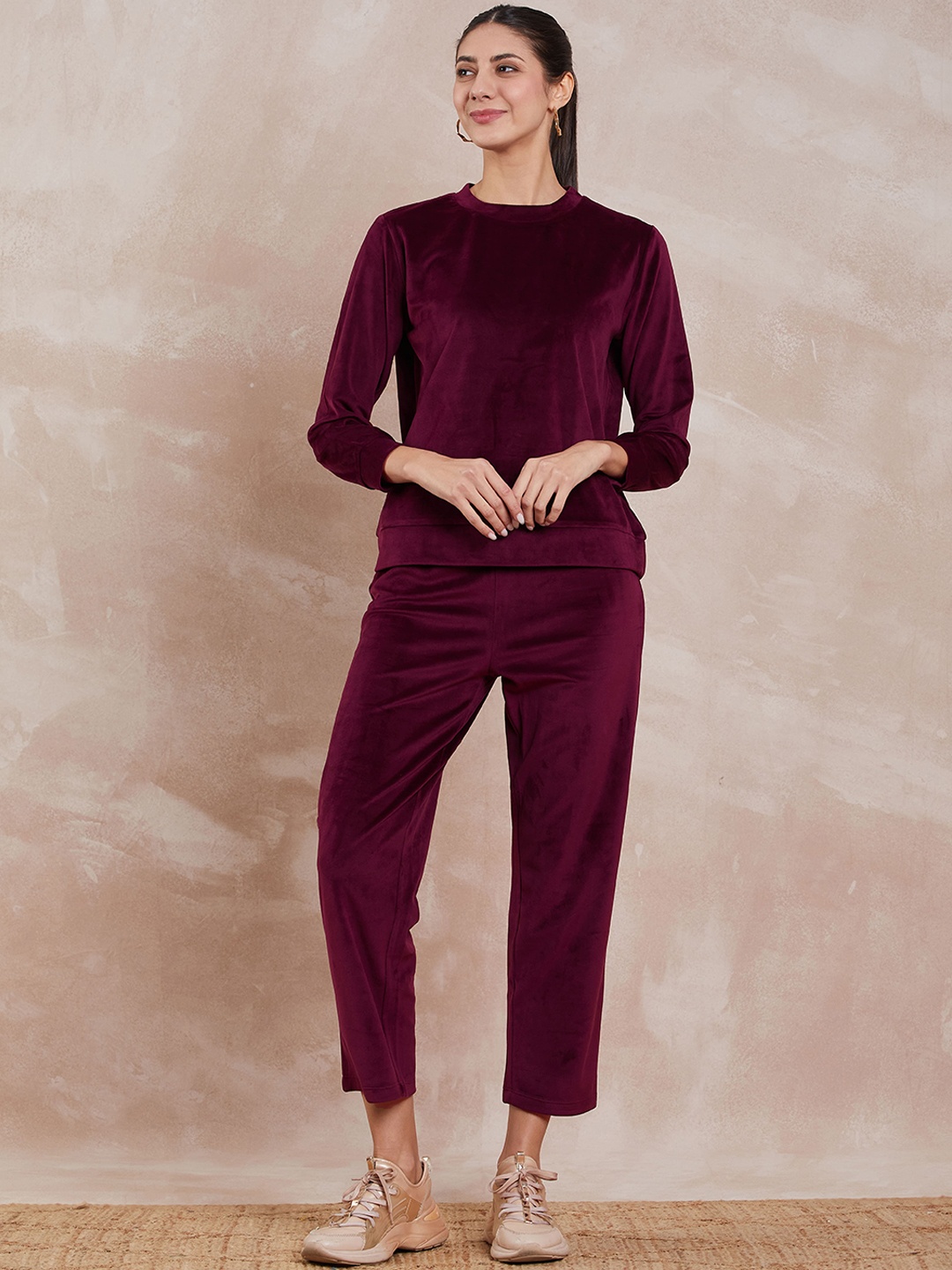 

all about you Round Neck Velvet T-Shirt With Trouser, Burgundy