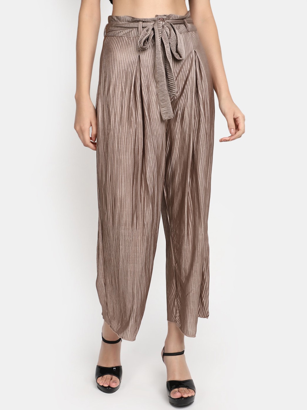 

V-Mart Women Striped Satin Cropped Pleated Trouser, Beige