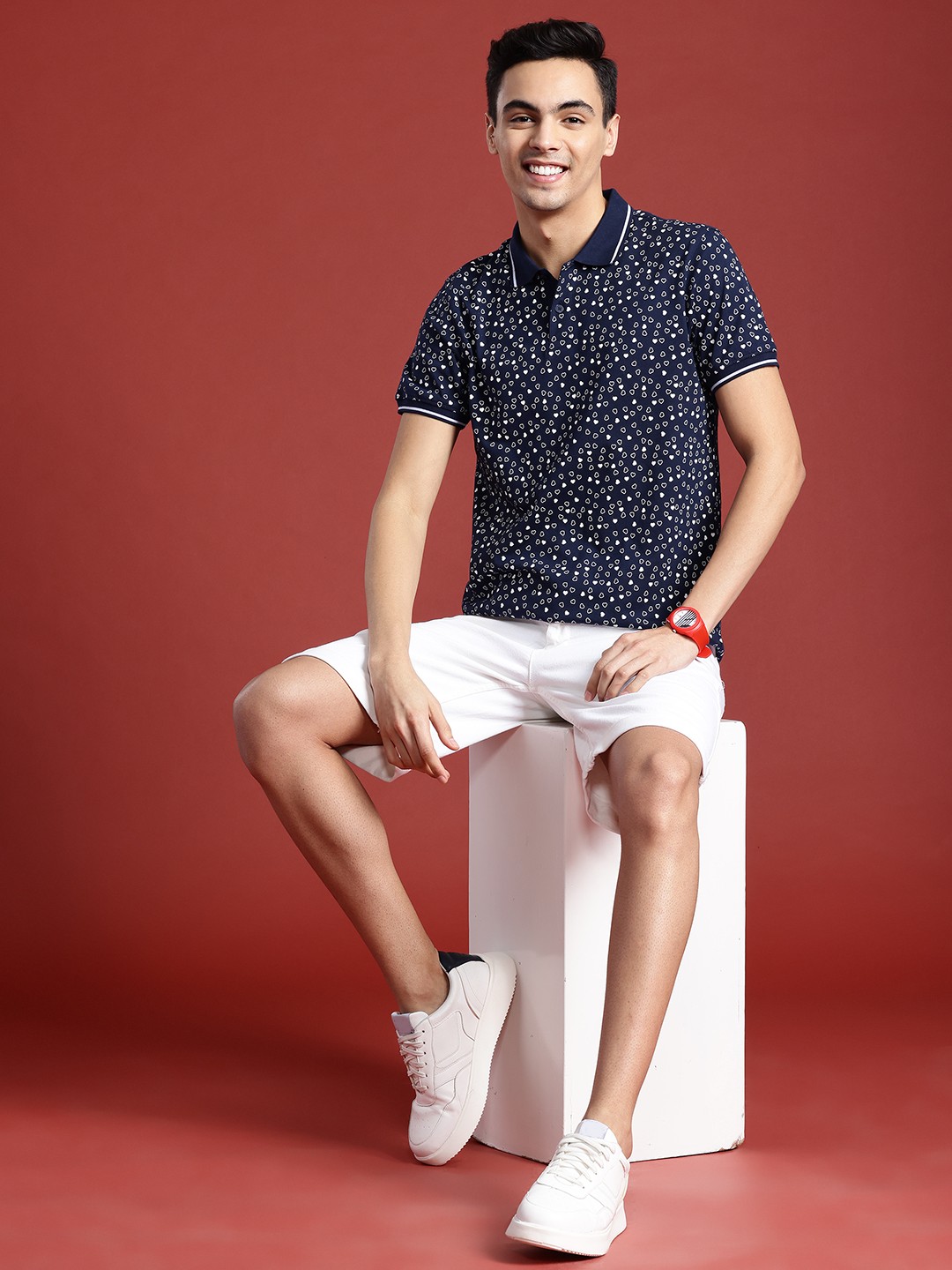 

Mast & Harbour Men Printed Polo Collar Pure Cotton T-shirt, Navy blue