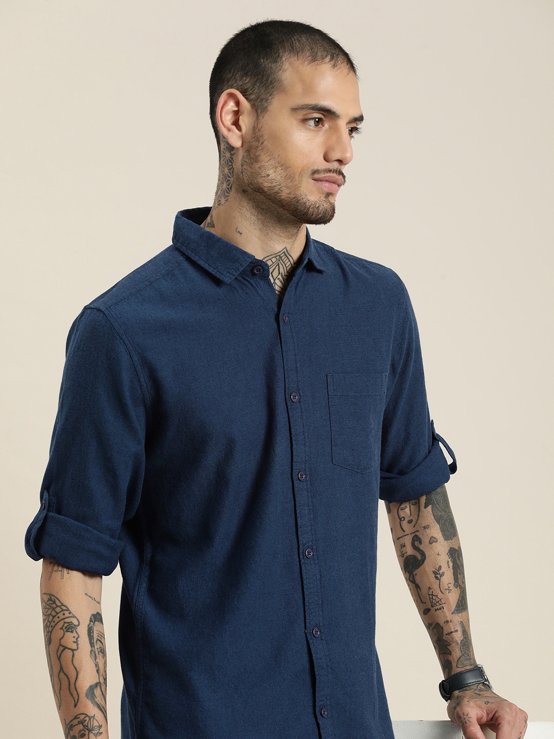 

HERE&NOW Opaque Pure Cotton Casual Shirt, Blue