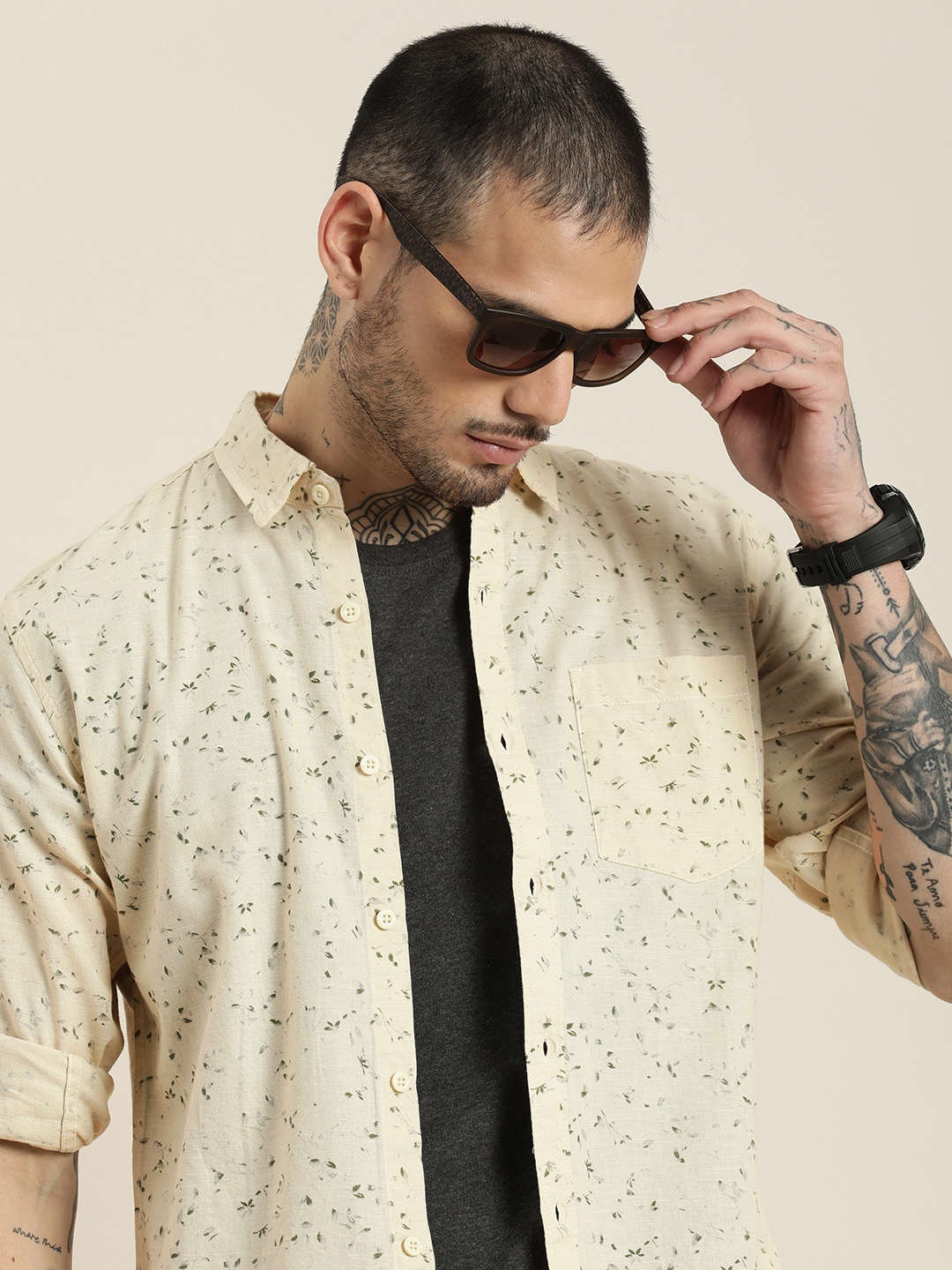 

HERE&NOW Floral Printed Opaque Pure Cotton Casual Shirt, Beige
