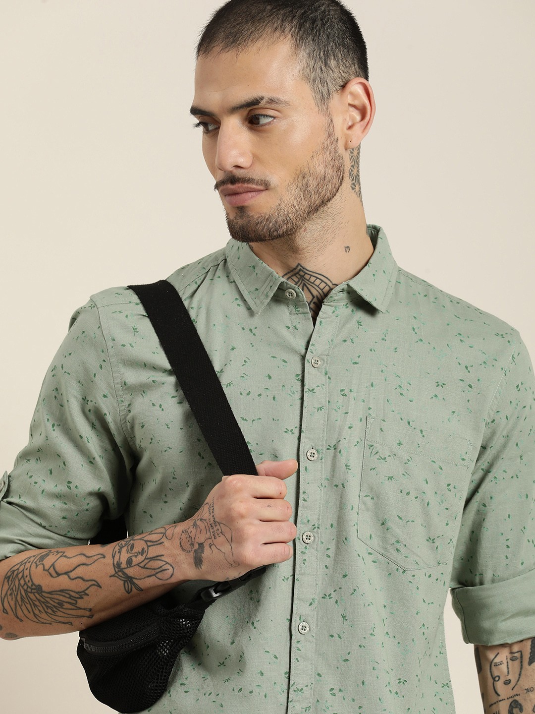 

HERE&NOW Conversational Printed Pure Cotton Casual Shirt, Green