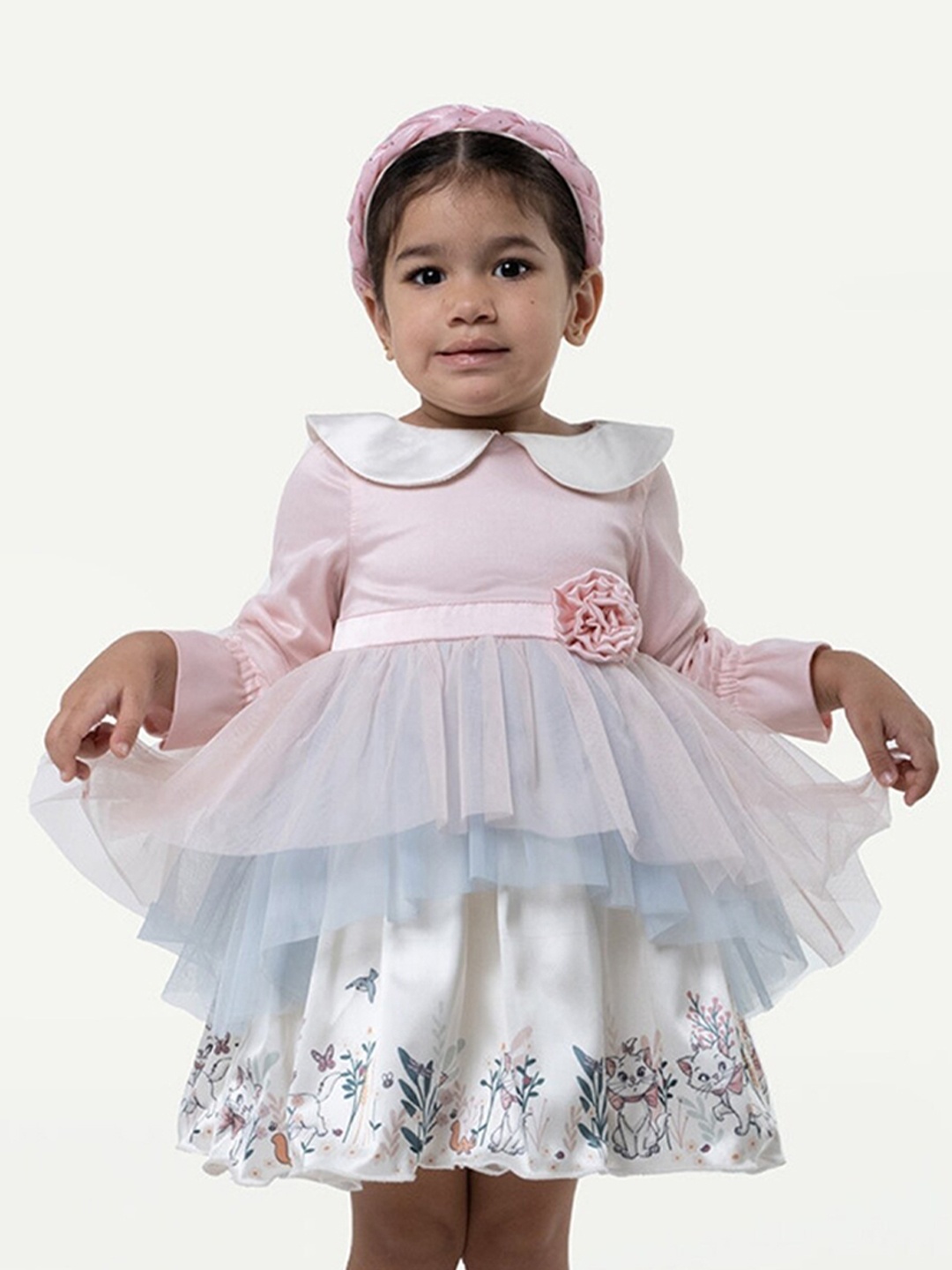 

One Friday Girls Floral Printed Peter Pan Collar Fit & Flare Dress, Pink