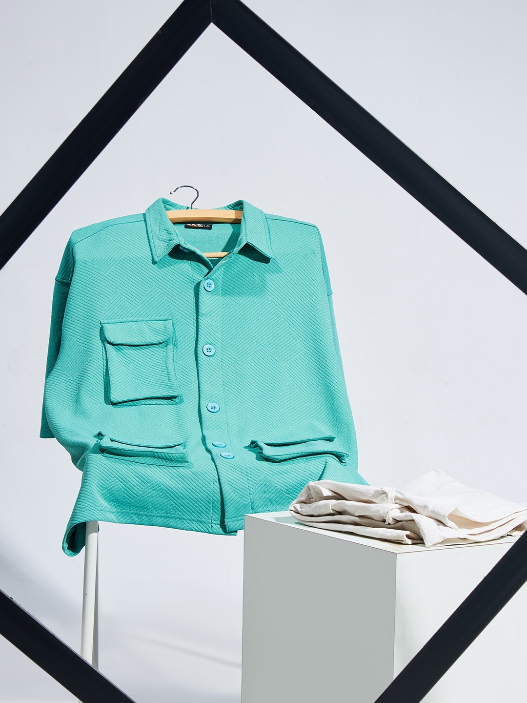 

Maniac Textured Spread Collar Fleece Regular fit Shacket, Sea green