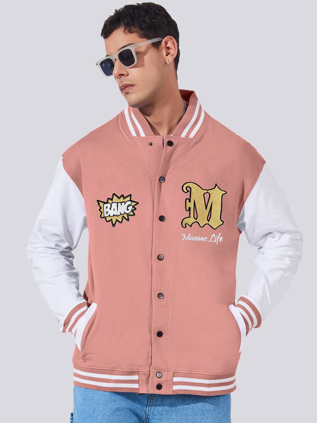

Maniac Colourblocked Mandarin Collar Fleece Varsity Jacket, Peach