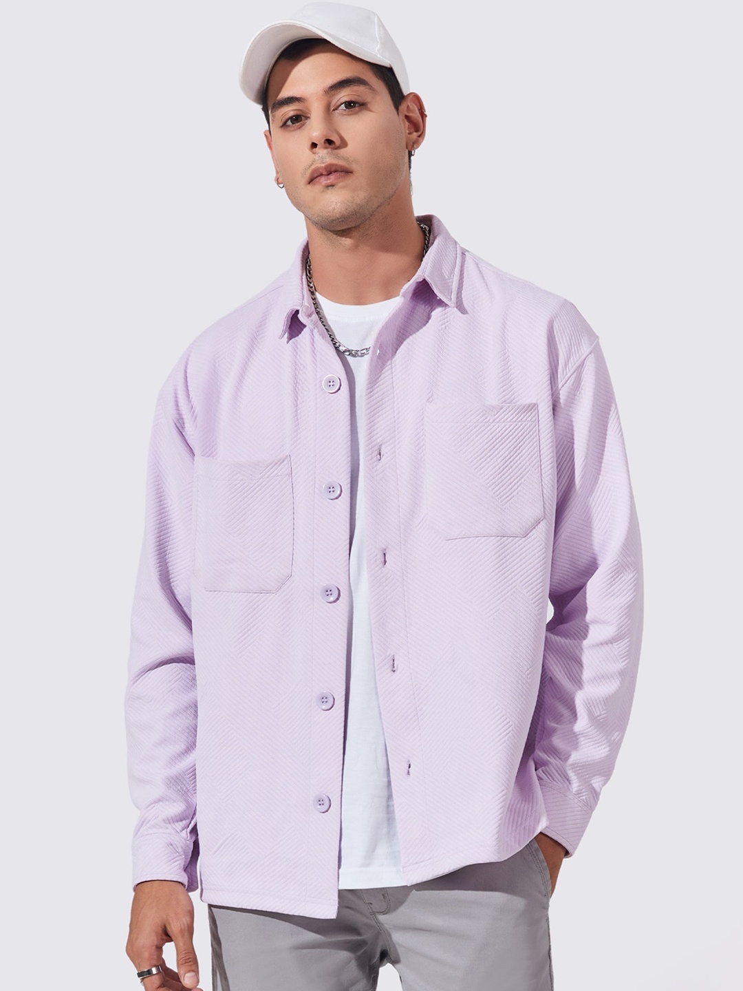 

Maniac Textured Spread Collar Fleece Regular fit Shacket, Lavender