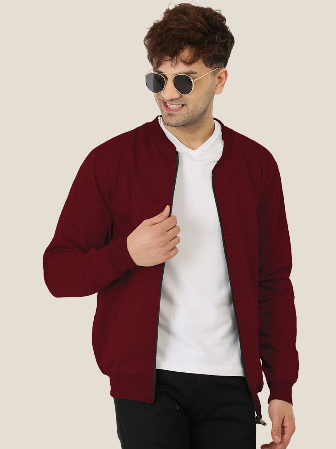

Leotude Collarless Regular Fit Fleece Bomber Jacket, Maroon