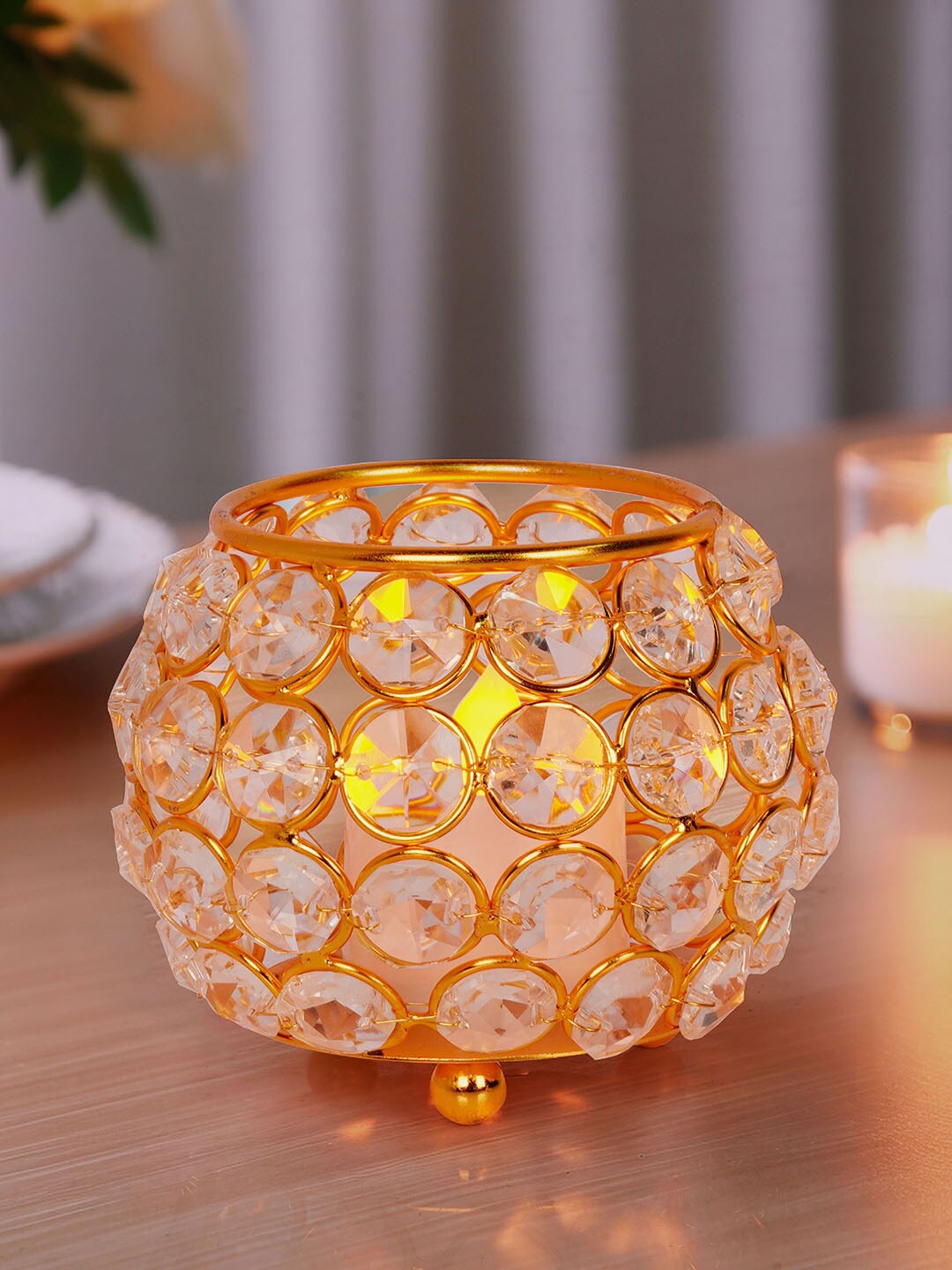 

Fos Lighting Gold Toned Textured Crystal Bowl Votive Candle Stand
