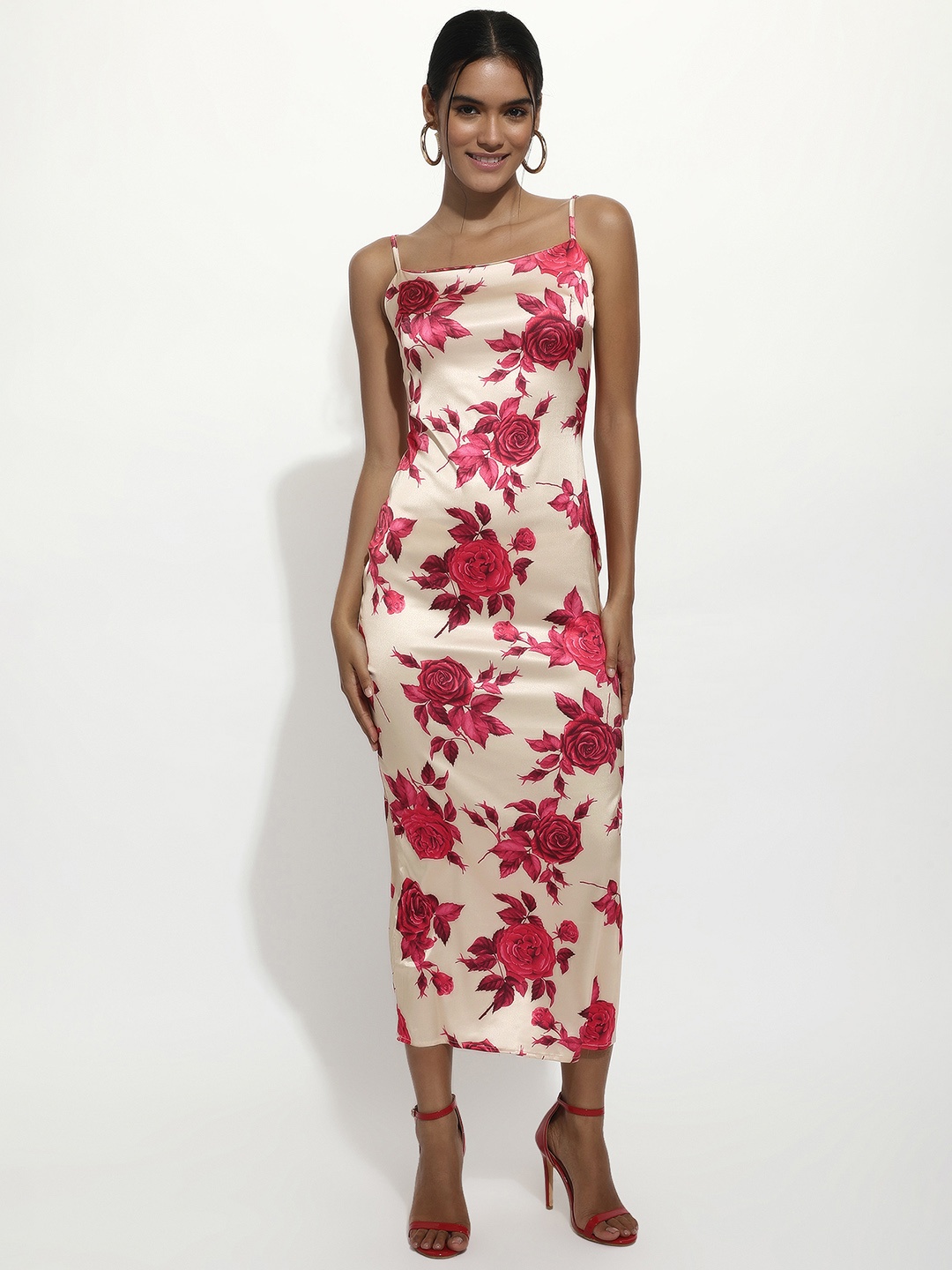 

LULU & SKY Floral Printed Shoulder Straps Midi Sheath Dress, Red