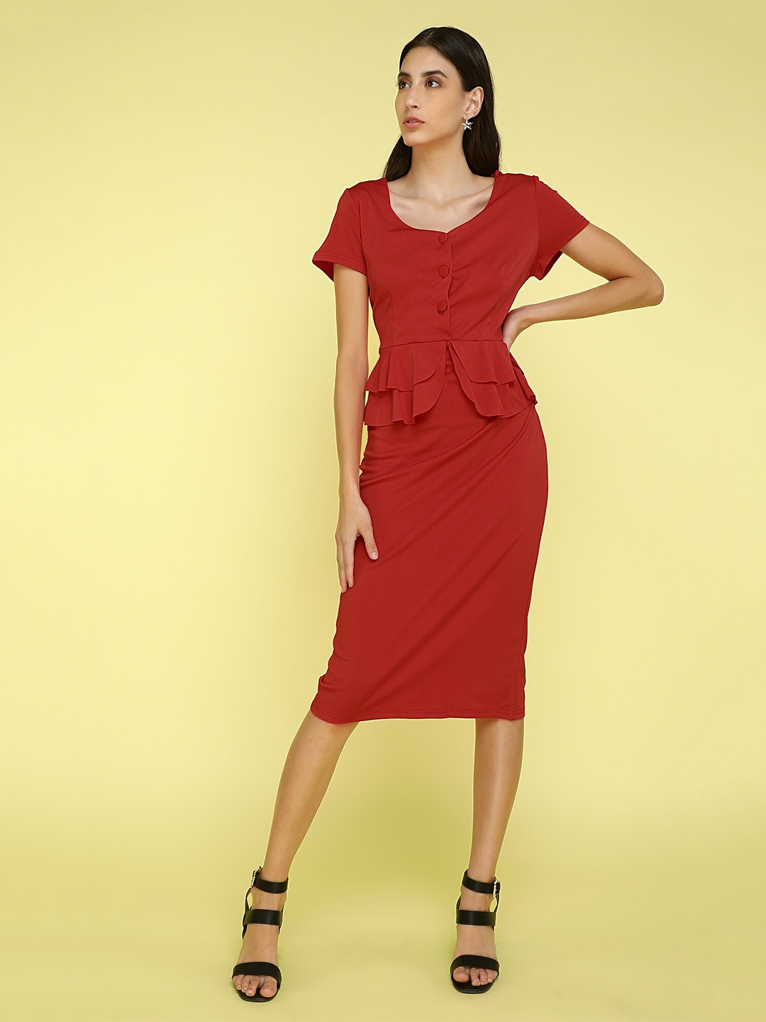 

LULU & SKY Round Neck Gathered Peplum Midi Dress, Red