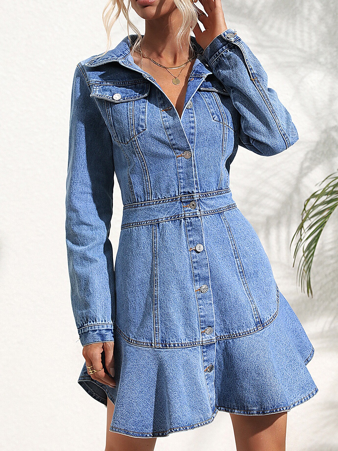 

LULU & SKY Cuffed Sleeves Retro Denim Shirt Dress, Blue