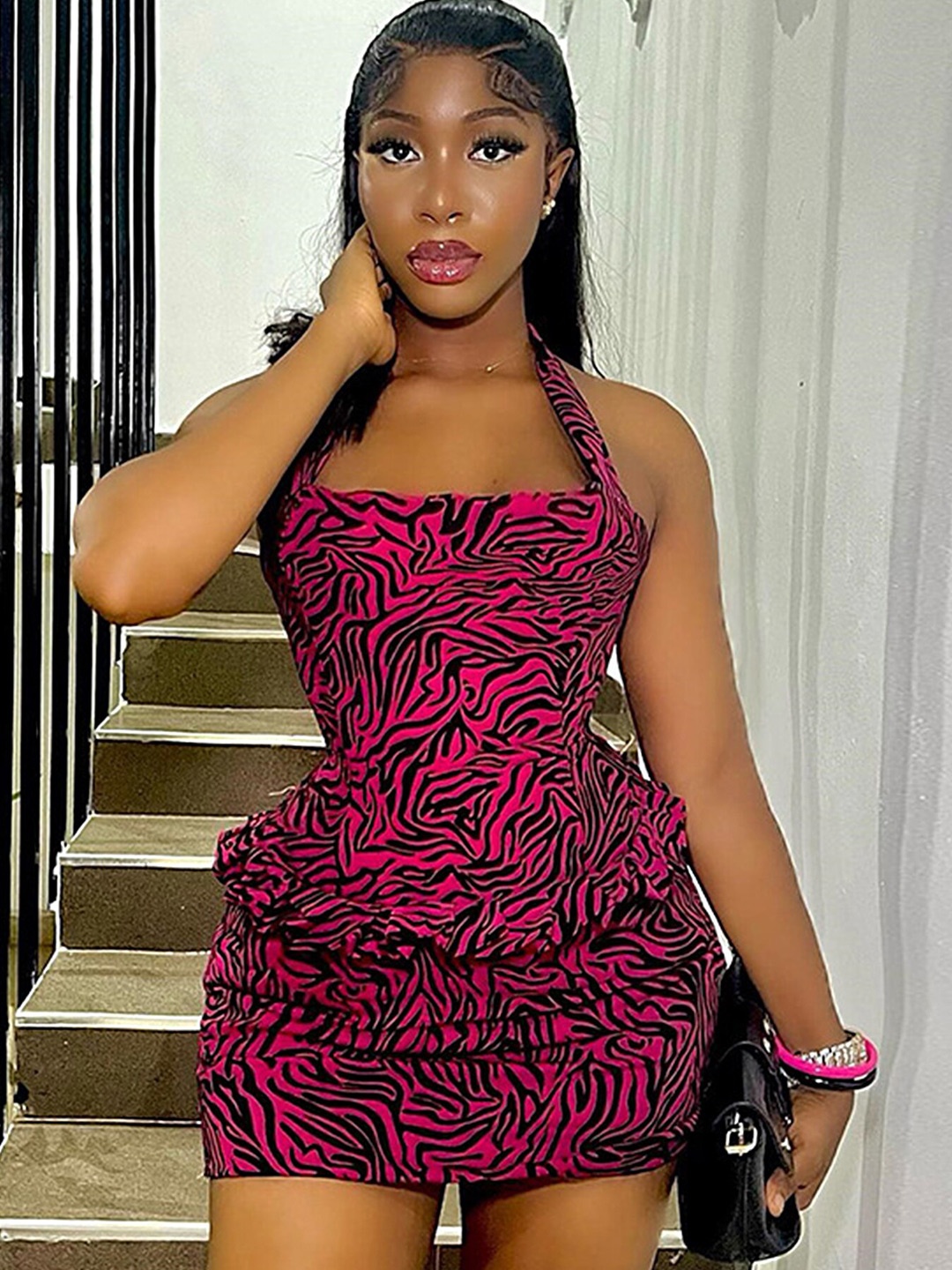 

LULU & SKY Animal Printed Halter Neck Ruffled Bodycon Mini Dress, Fuchsia