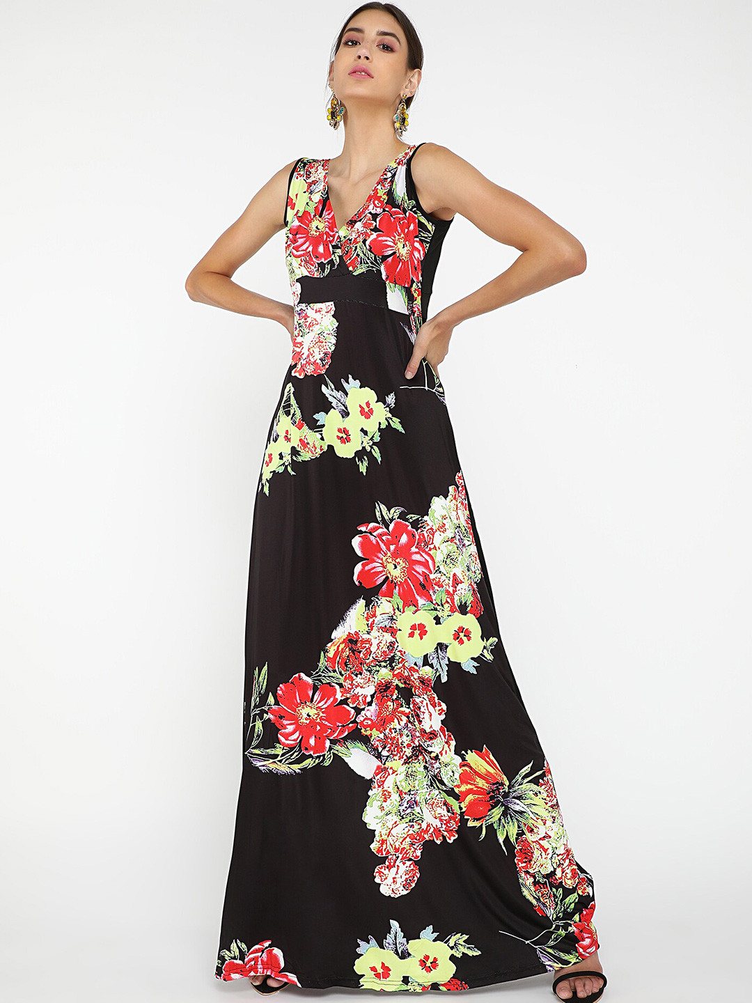 

LULU & SKY Floral Printed V-Neck Maxi Dress, Black