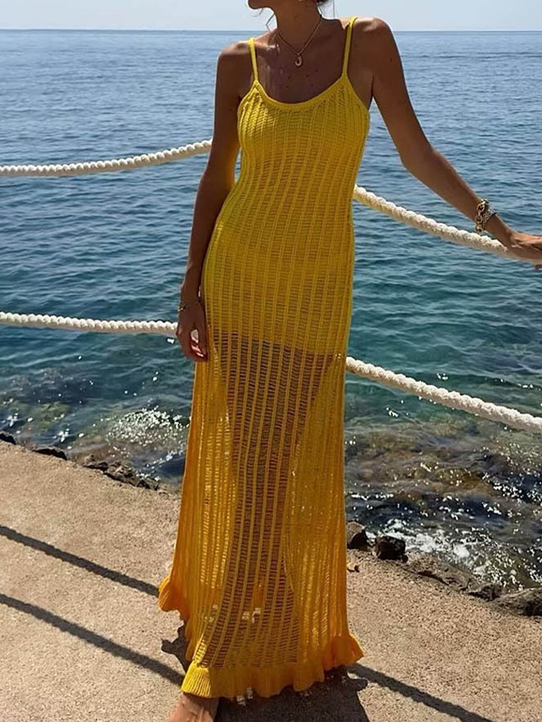 

LULU & SKY Self Design Shoulder Straps Maxi Dress, Yellow