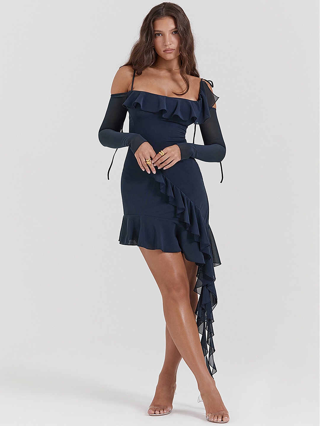 

LULU & SKY Ruffled Cold-Shoulder Sleeves Sheath Dress, Navy blue