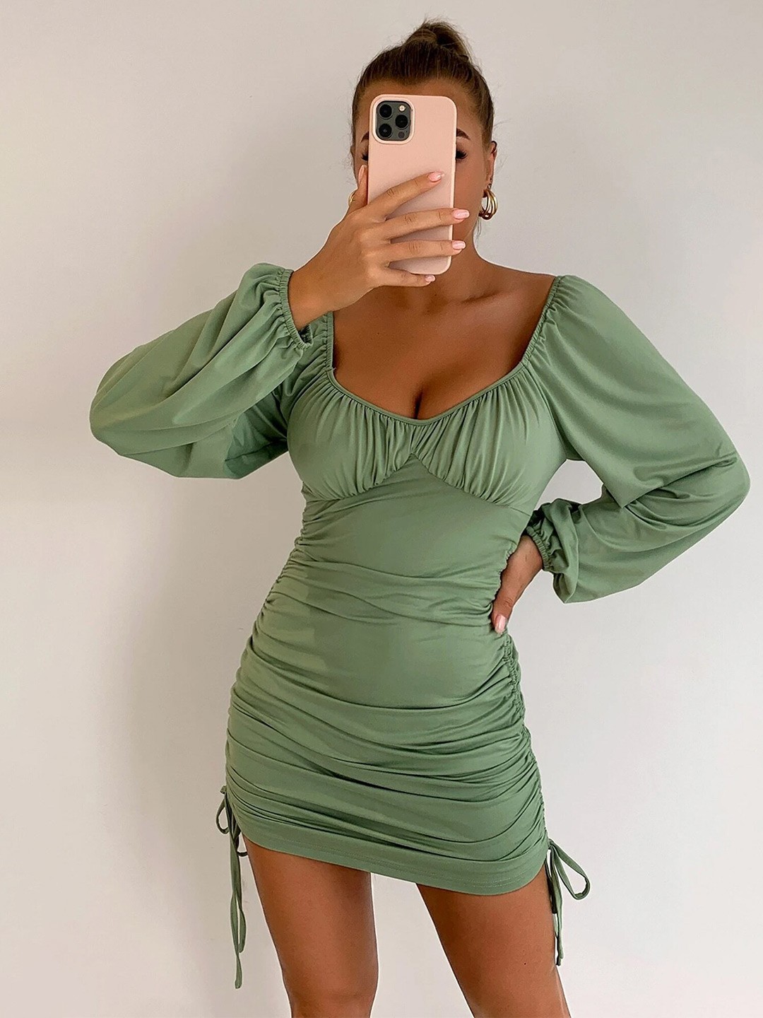 

LULU & SKY Puff Sleeves Ruched Mini Bodycon Dress, Green