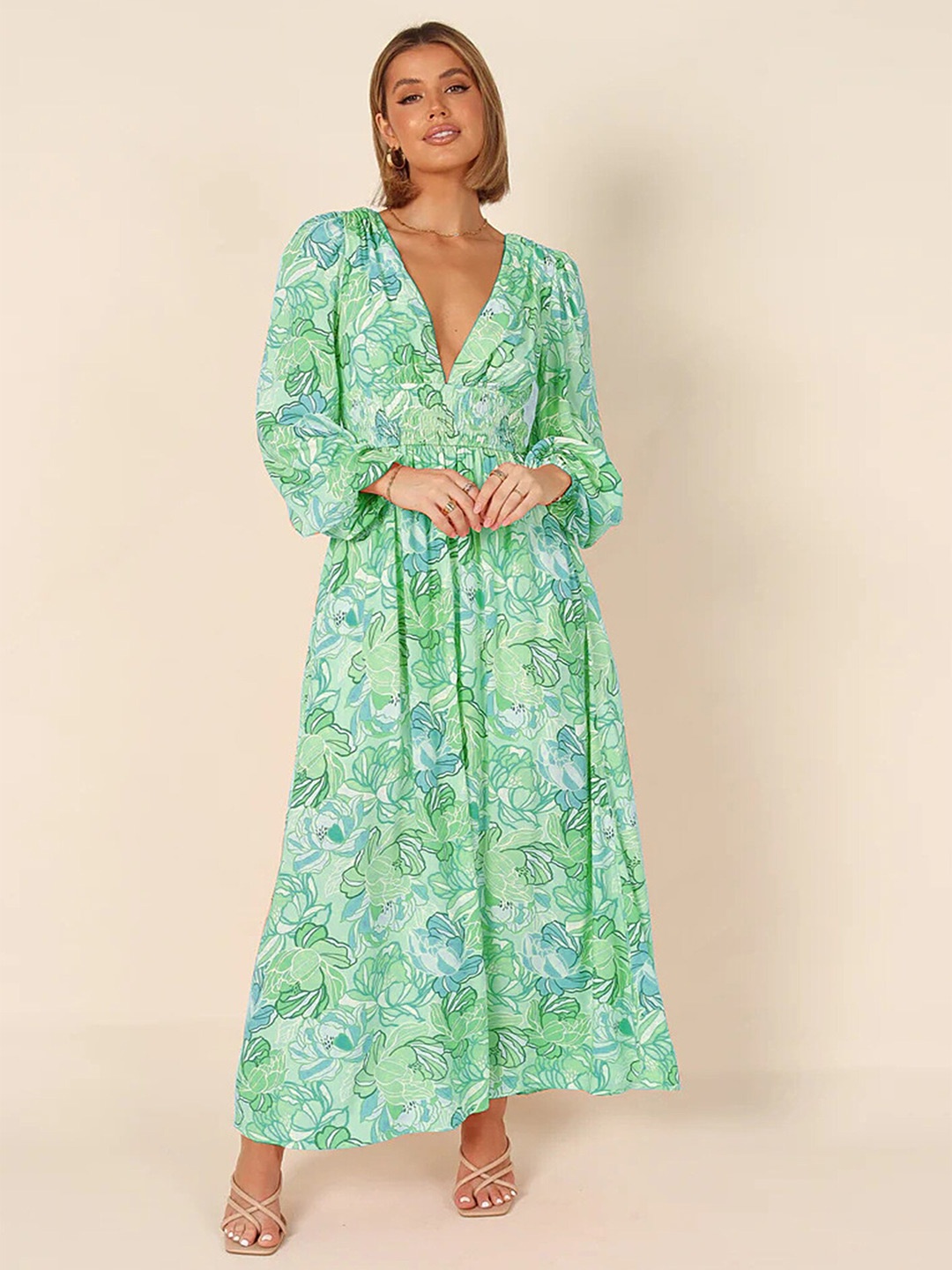 

LULU & SKY Floral Printed V-Neck Puff Sleeve Smocked Maxi Dress, Green
