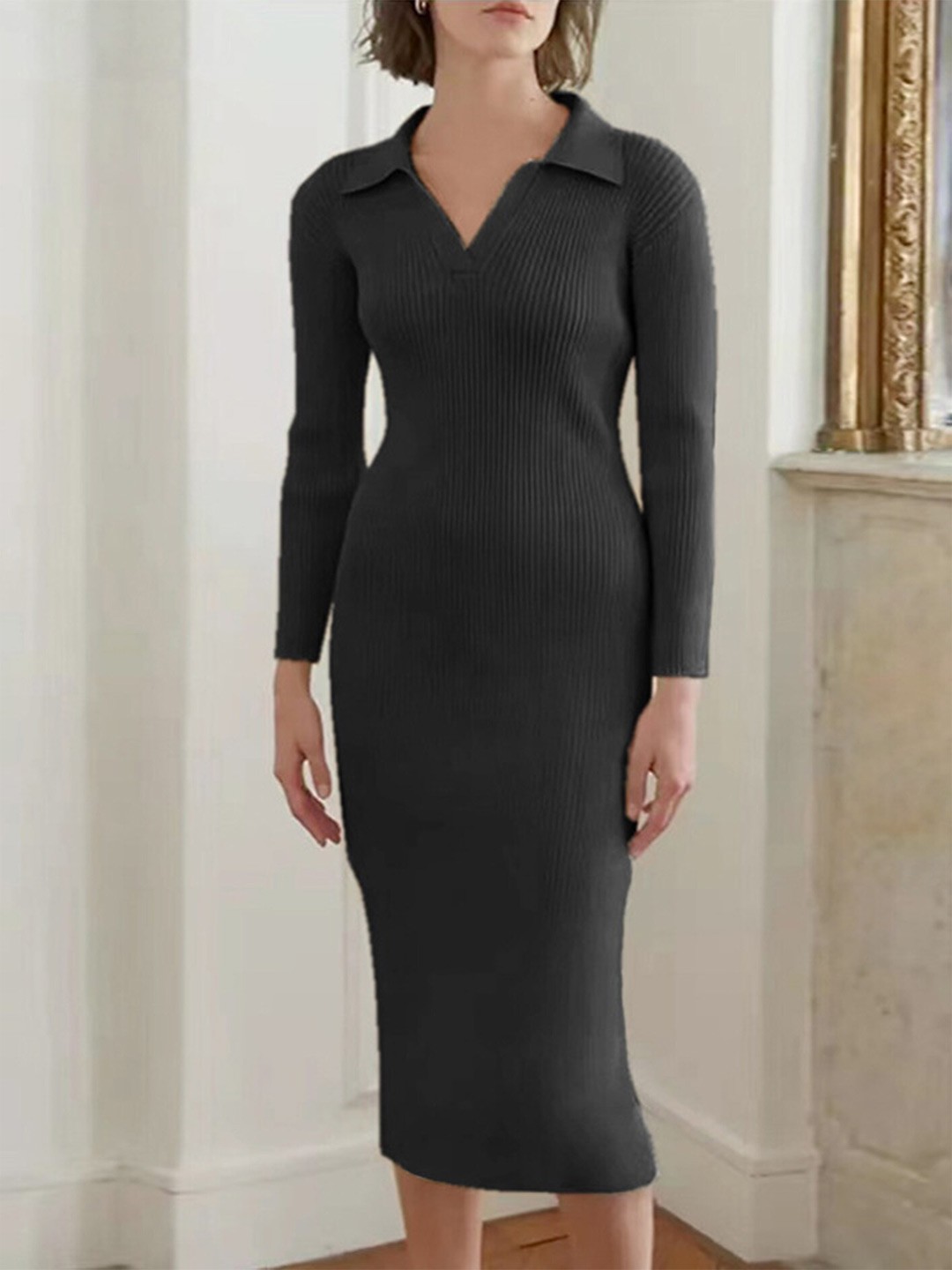 

LULU & SKY Ribbed Cotton Bodycon Midi Dress, Black