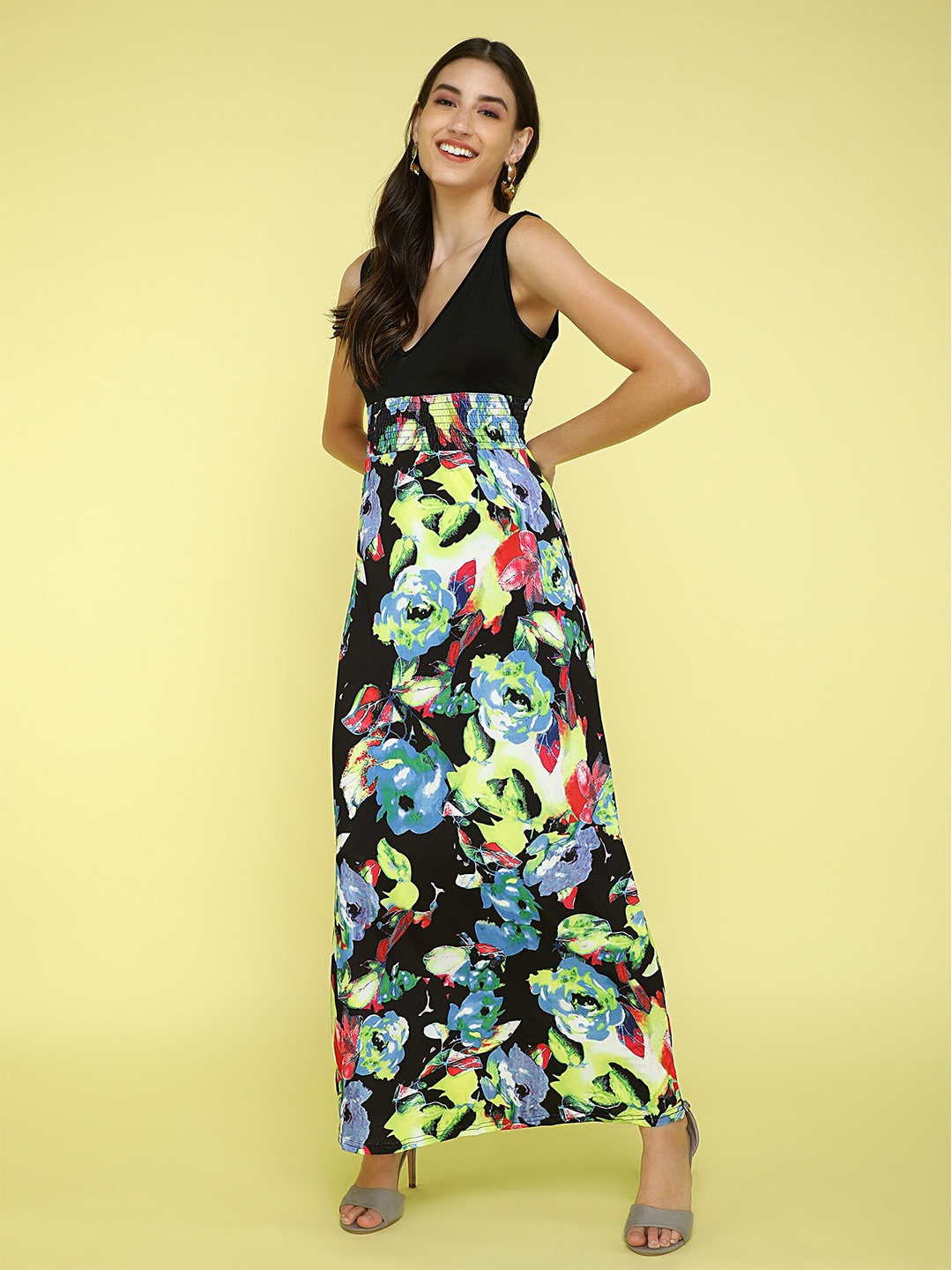 

LULU & SKY Floral Printed V-Neck Maxi Dress, Black