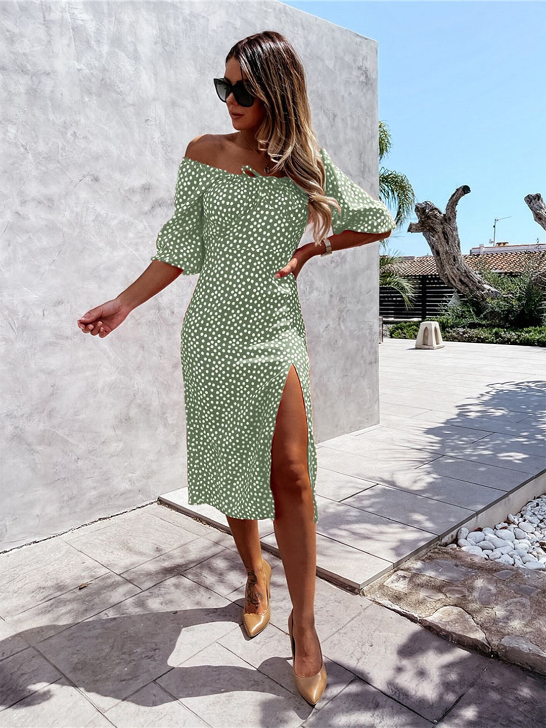 

LULU & SKY Polka Dot Printed Off-Shoulder Puff Sleeves Midi Sheath Dress, Green