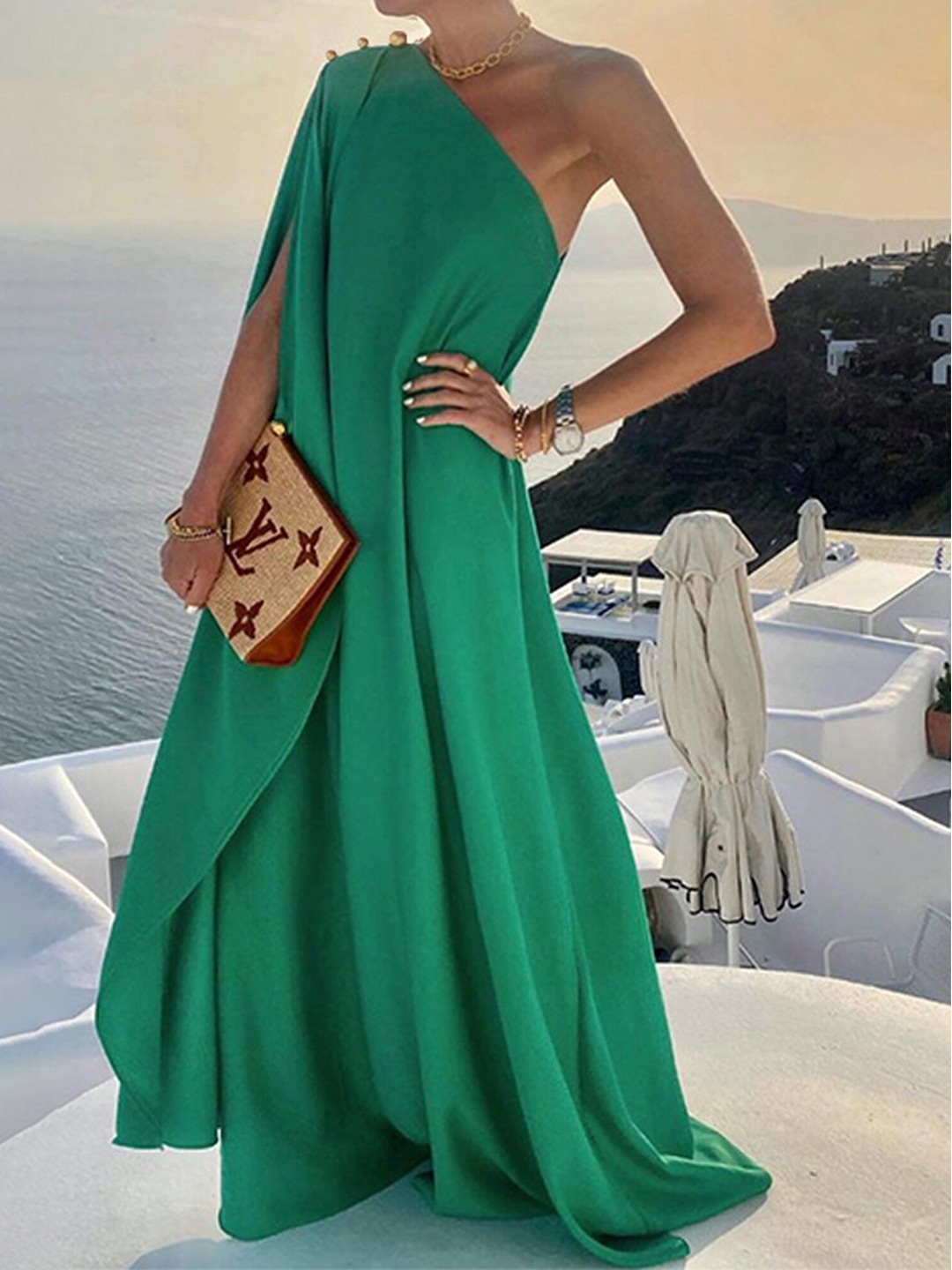 

LULU & SKY One Shoulder Cape Sleeves Maxi Dress, Green