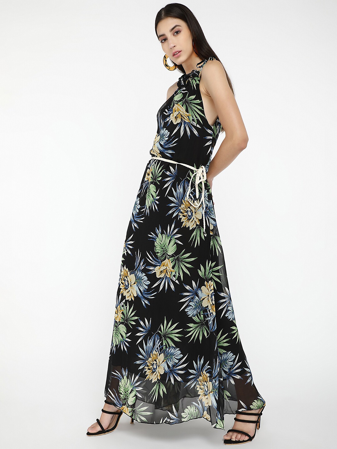 

LULU & SKY Tropical Printed Shoulder Strap Maxi Dress, Black