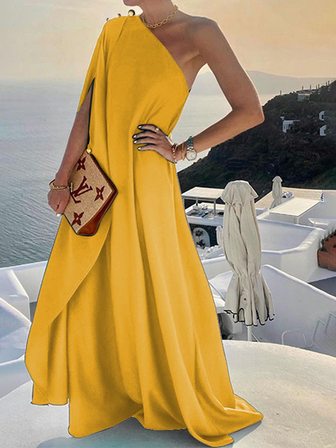 

LULU & SKY One Shoulder Cape Sleeves Maxi Dress, Yellow