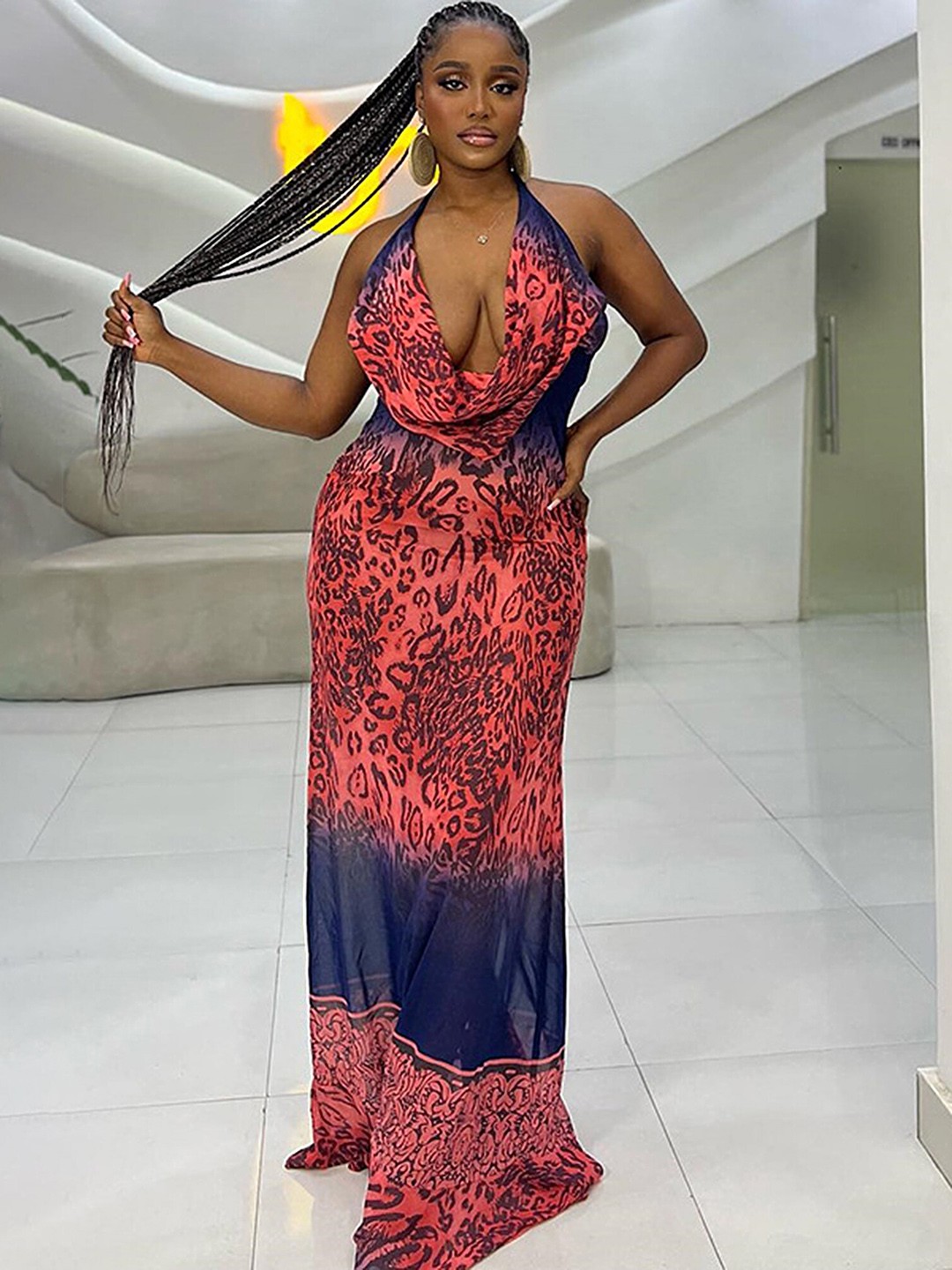 

LULU & SKY Abstract Printed Shwal Neck Maxi Dress, Red