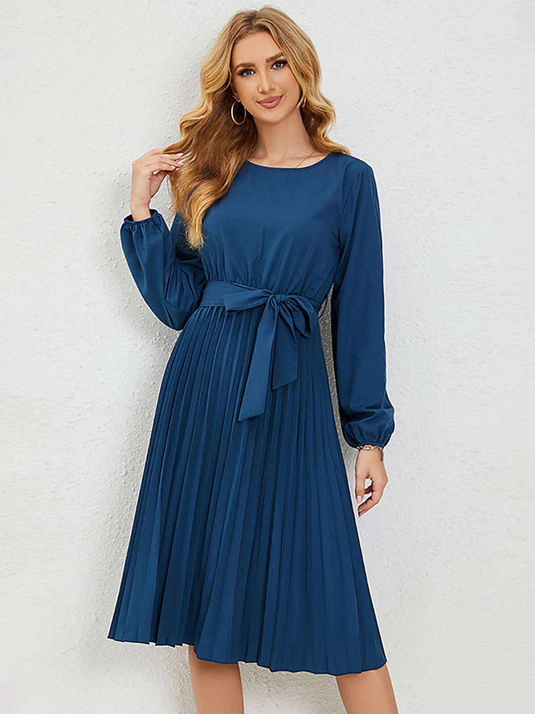 

LULU & SKY Cuffed Sleeves Pleated Fit & Flare Dress, Blue