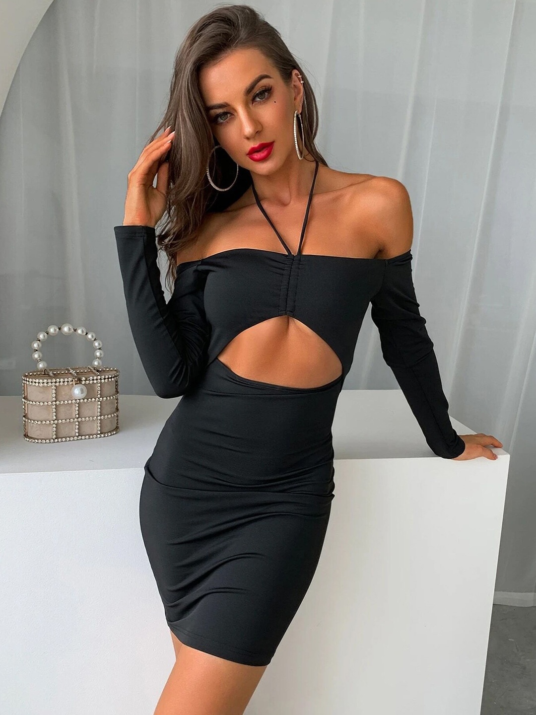 

LULU & SKY Halter Neck Cut-Out Detail Mini Bodycon Dress, Black