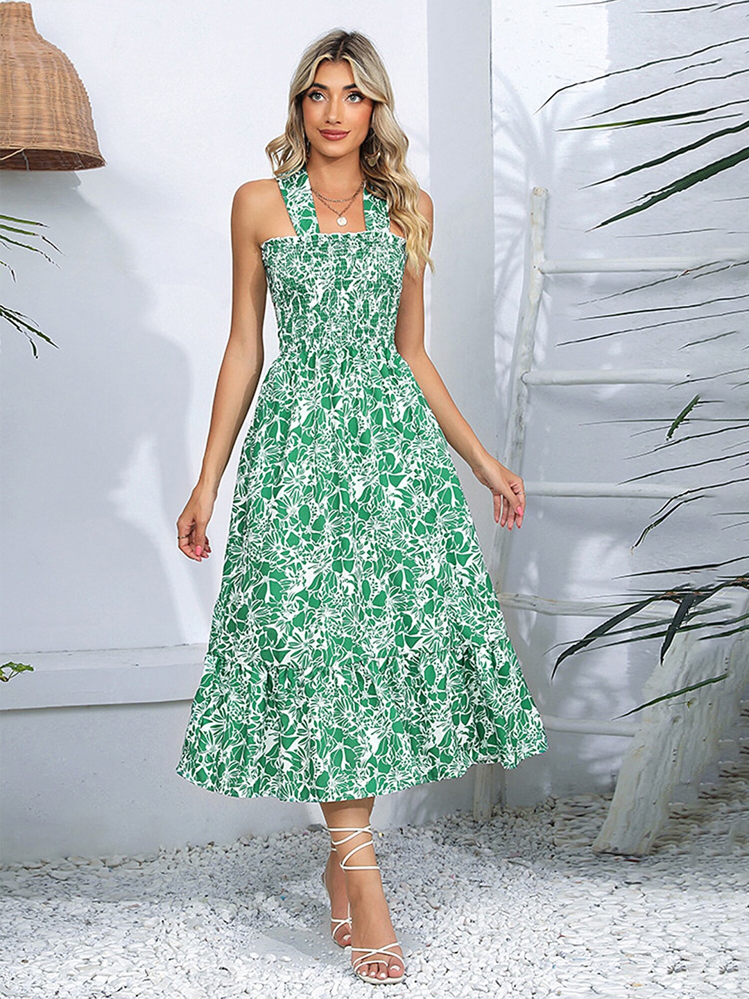 

LULU & SKY Floral Printed Smocked Criss Cross Back A-Line Midi Dress, Green