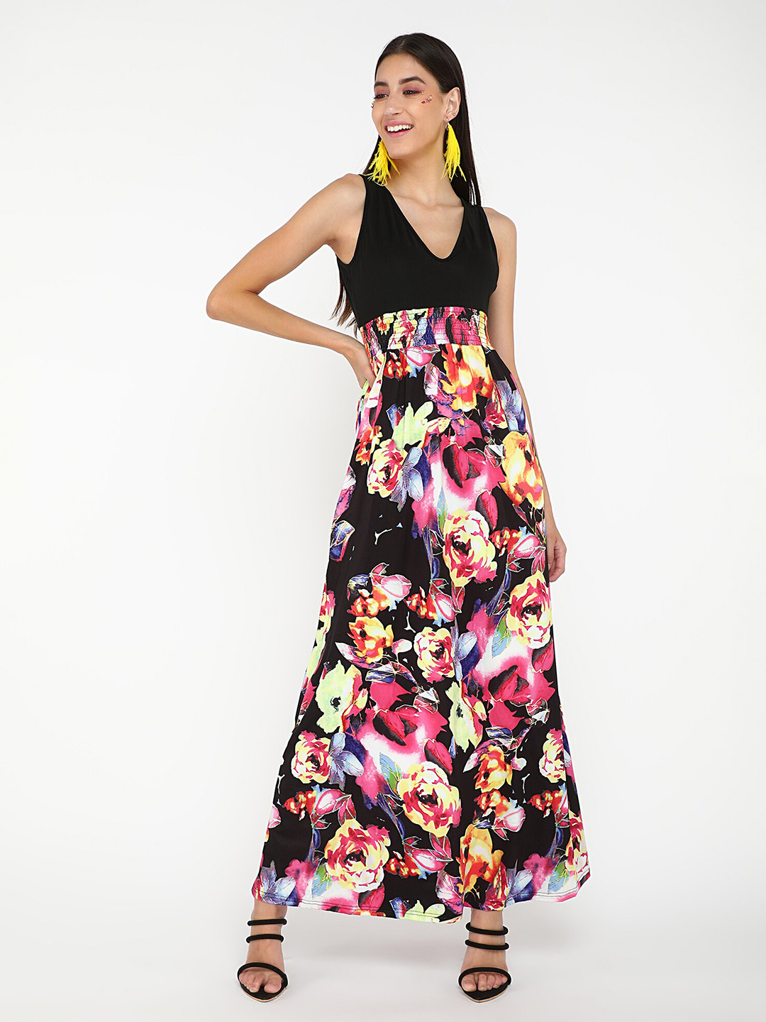 

LULU & SKY Floral Printed Smocked Detailed V-Neck Sleeveless A-Line Maxi Dress, Black
