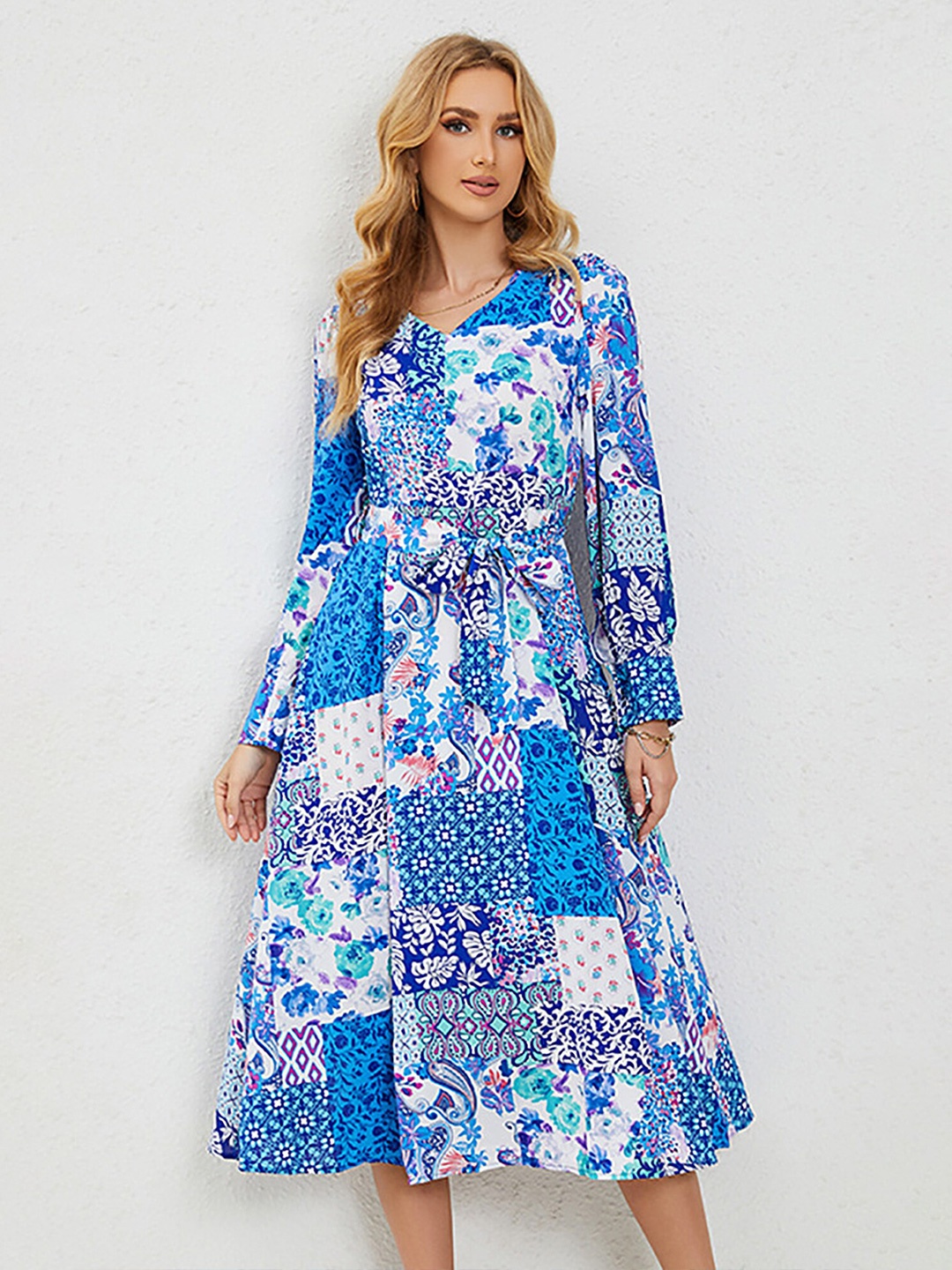 

LULU & SKY Floral Printed V-Neck Cuffed Sleeves Belted A-Line Midi Dress, Blue