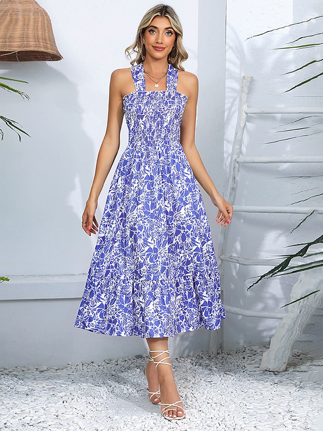 

LULU & SKY Floral Printed Shoulder Straps Sleeveless Smocked Tiered Fit & Flare Midi Dress, Blue