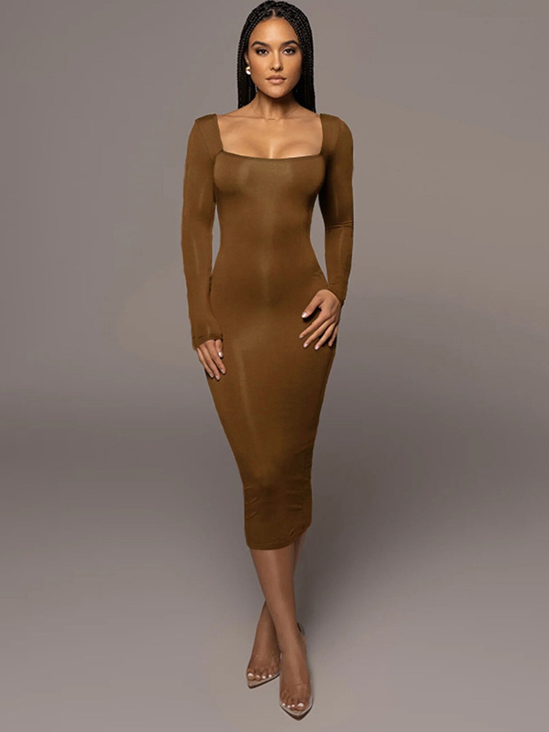 

LULU & SKY Square Neck Long Sleeves Bodycon Midi Dress, Brown