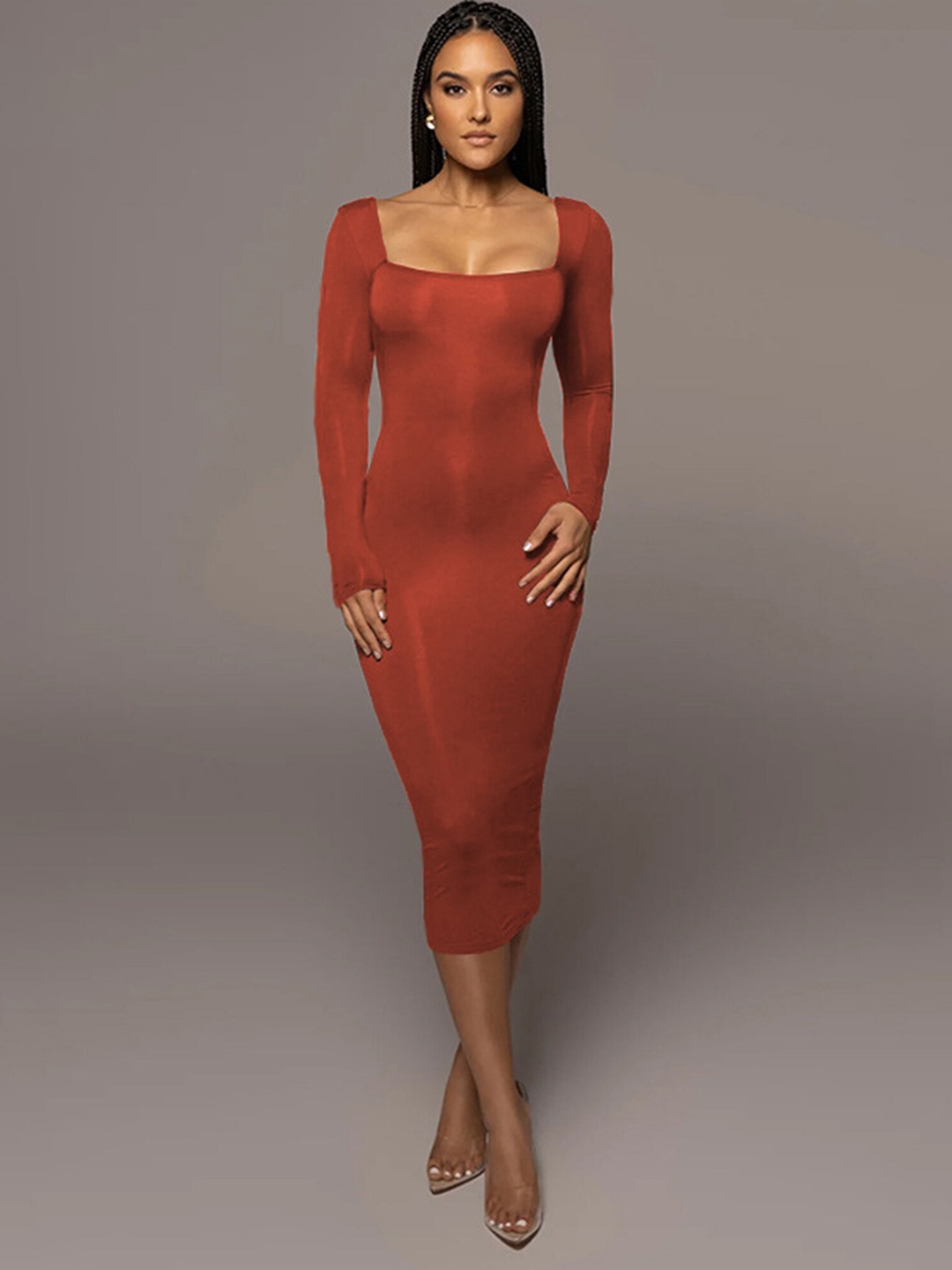 

LULU & SKY Rust Square Neck Bodycon Midi Dress