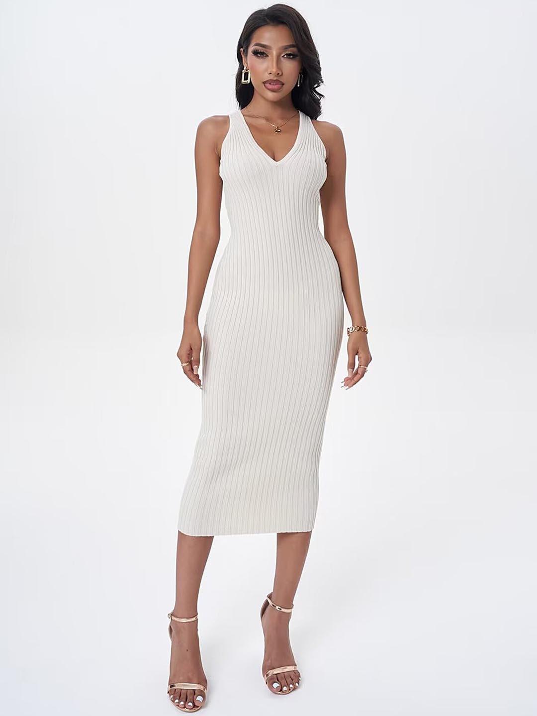 

LULU & SKY V-Neck Ribbed Bodycon Midi Dress, White
