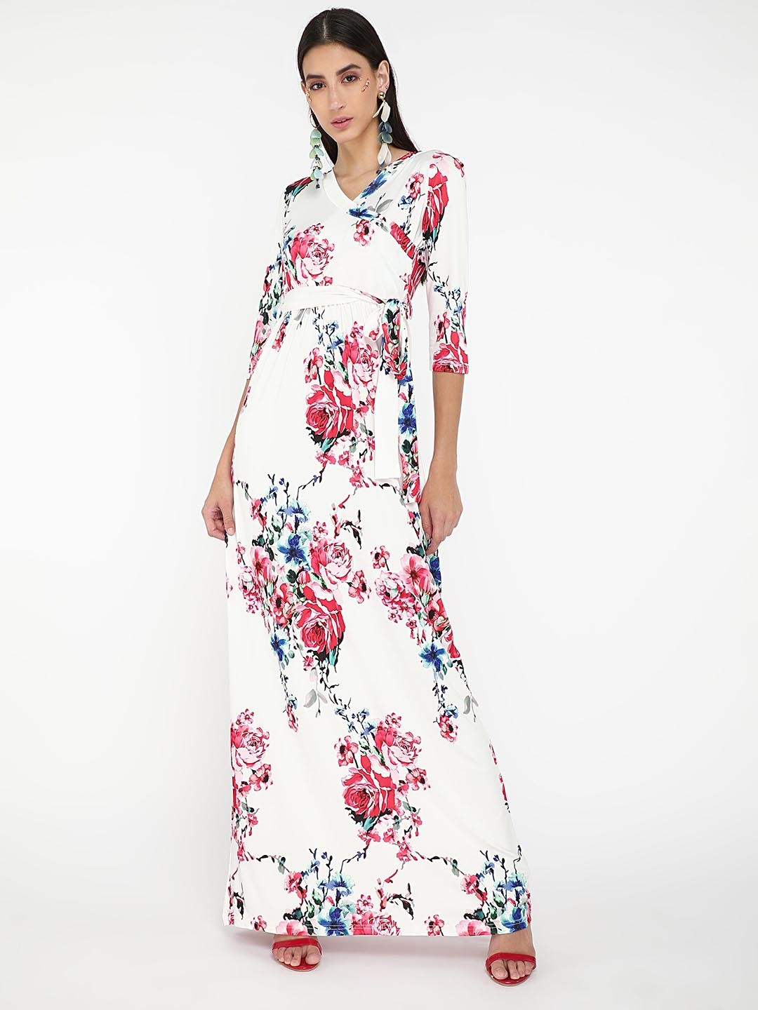 

LULU & SKY Floral Printed V-Neck Belted Maxi Dress, White