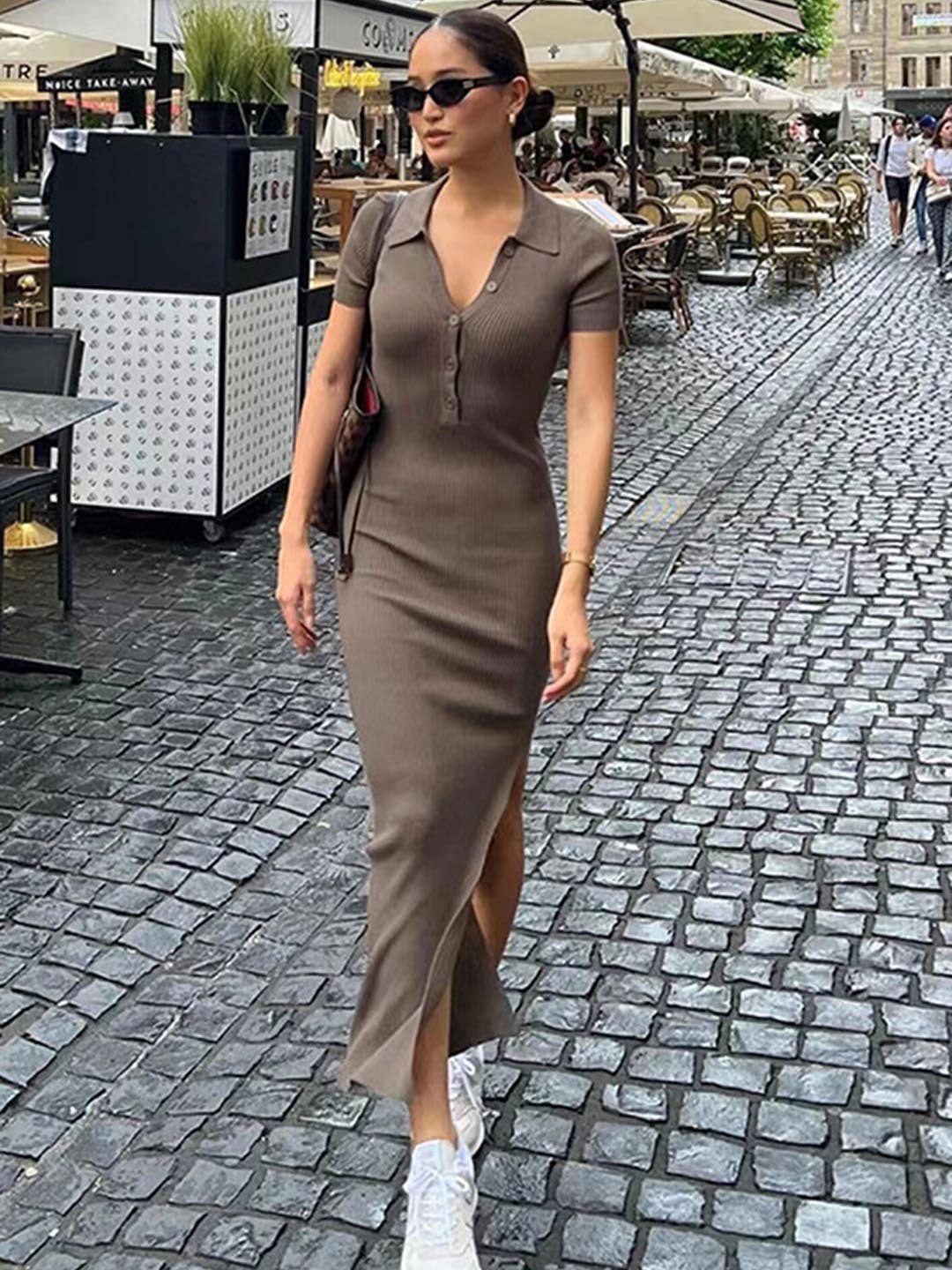 

LULU & SKY Shirt Collar T-shirt Maxi Dress, Brown