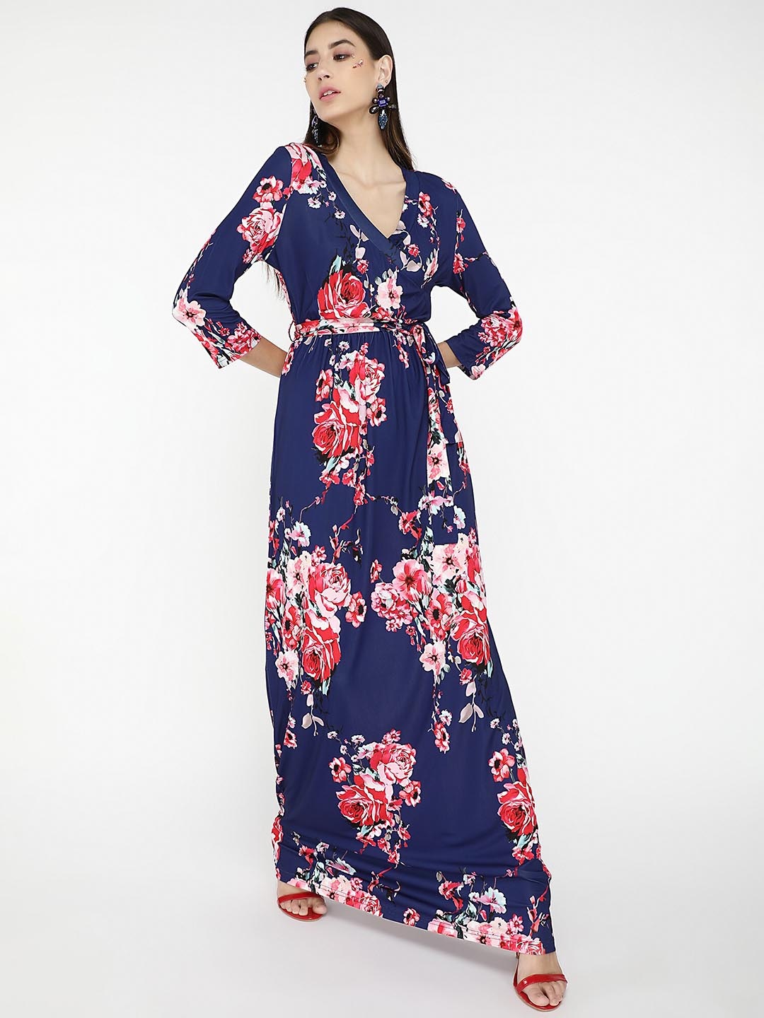 

LULU & SKY Floral Printed V-Neck Tie-Ups Maxi Dress, Blue