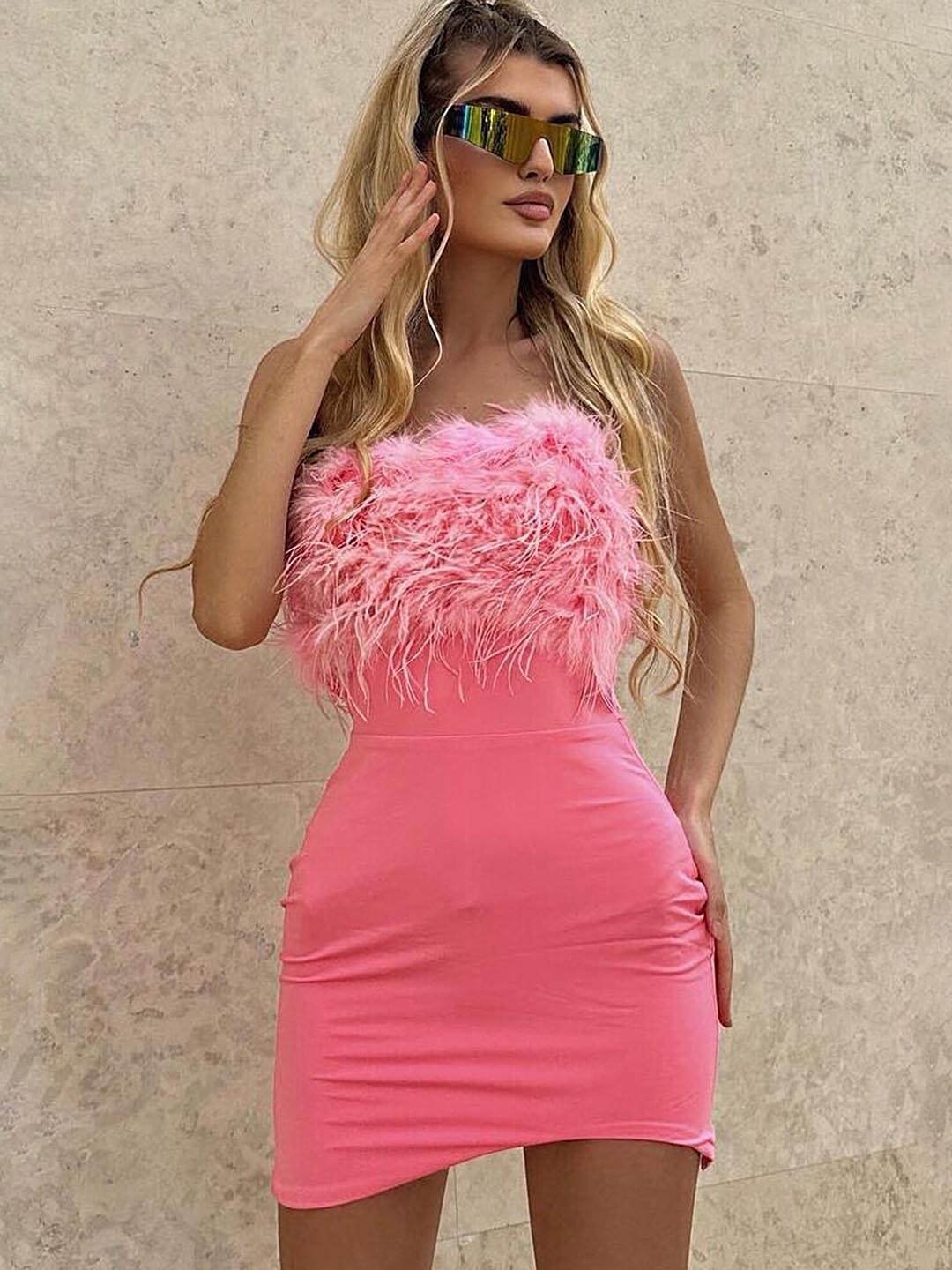 

LULU & SKY Furry-Detail Curved Mini Bodycon Dress, Pink